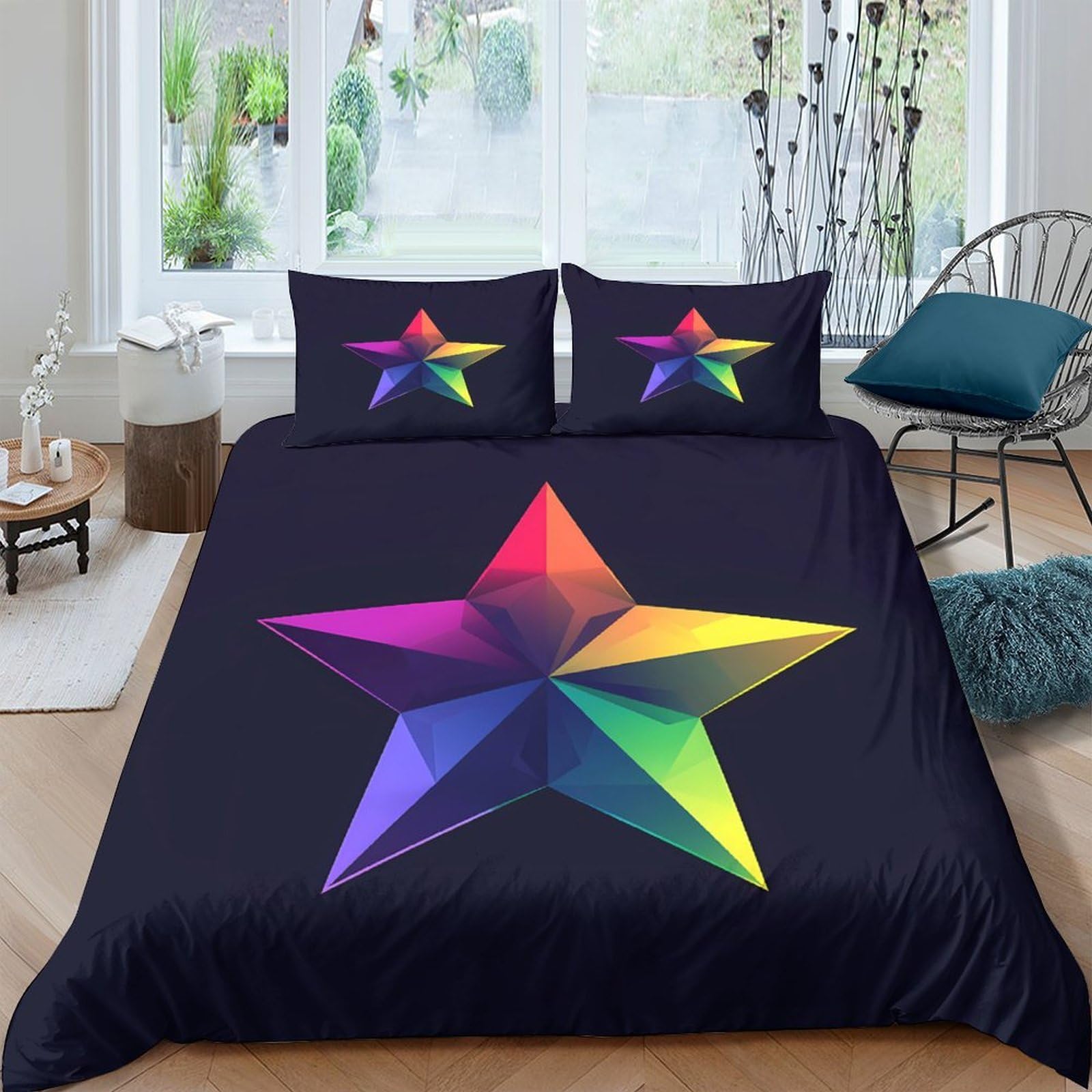 Ctjqhvkz Style-8 3D Printed Rainbow Star Fitted Sheet Microfiber Soft Breathable Geometric Star Mattress Cover For Bedroom Guest Room Decor Single（135X200cm）