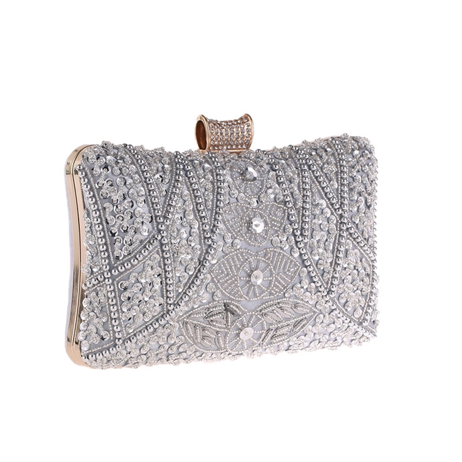 FAMoUsGoods Vintage Beaded Women Evening Bags Luxury Embroidery Diamonds Clutch Bag With Chain Shoulder Messenger Purse Women Clutches (Color : S)