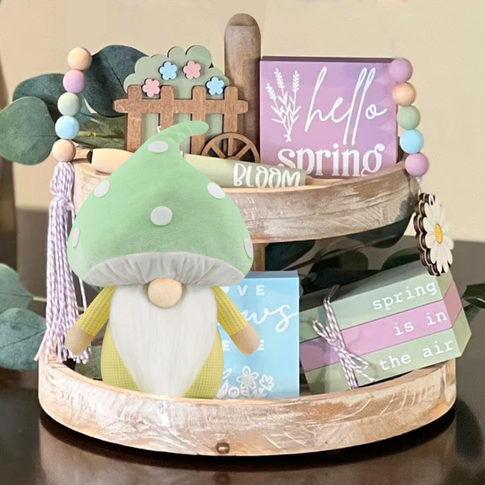 3 Gnomes Champignon Printemps - Décoration Peluche 16cm - Porte-Bonheur Maison - Cadeau Noël/Pâques