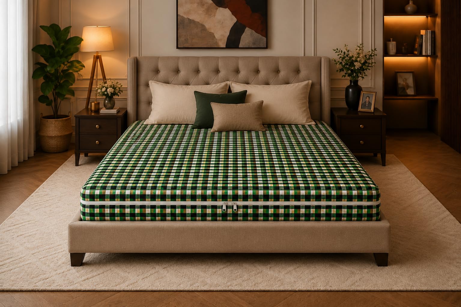 Soft Touch Cotton Mattress Protector | King Size 72x60x6 Inch | Premium Zip Cover 5X6 (Green Chck)-image-28