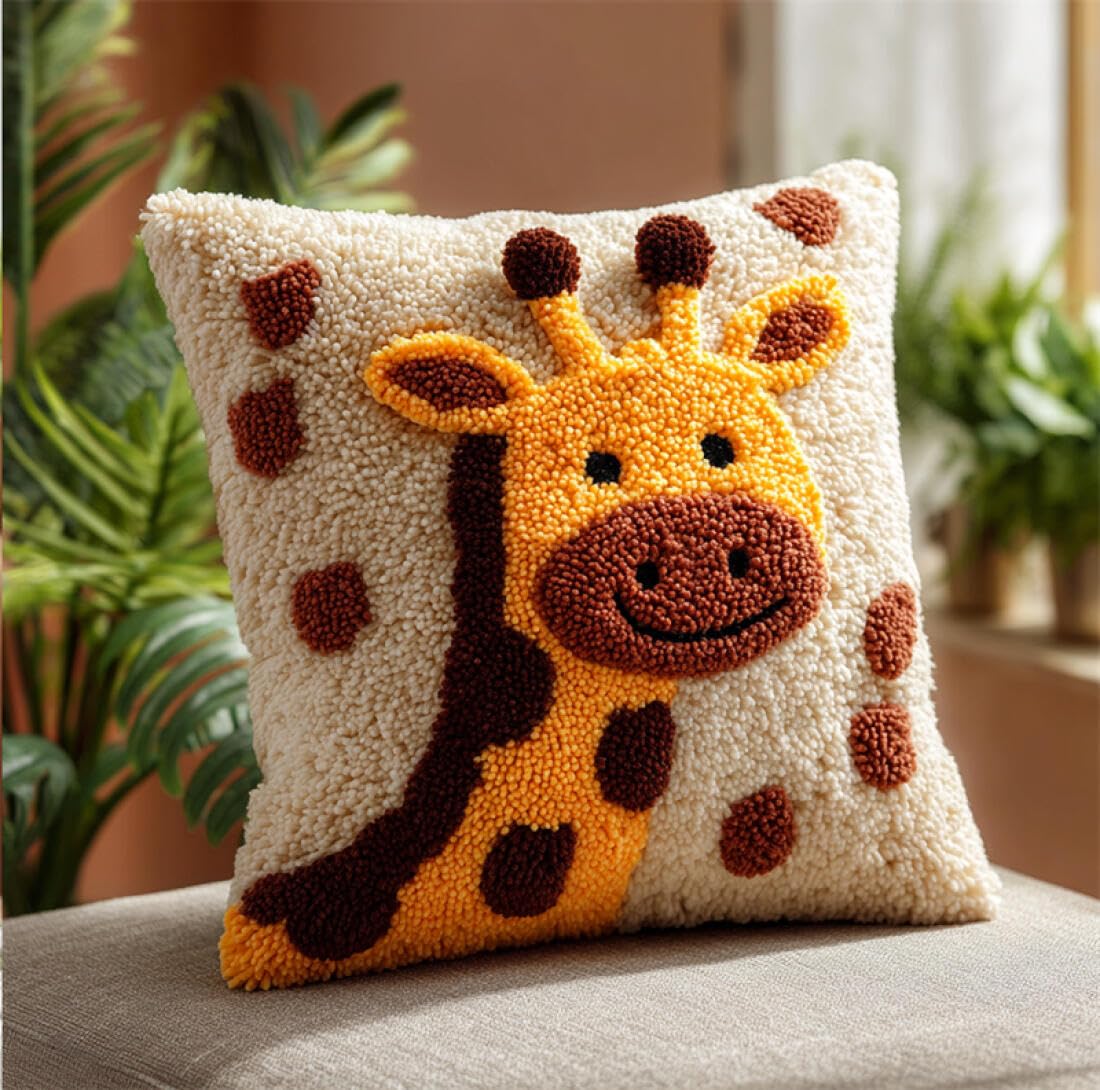 Kitquiver Animal Latch Hook Craft Kits Cartoon Giraffe Latch Hook Kit for Adults Beginners Embroidery Crochet Set DIY Throw Pillow Covers Kits 17x17In