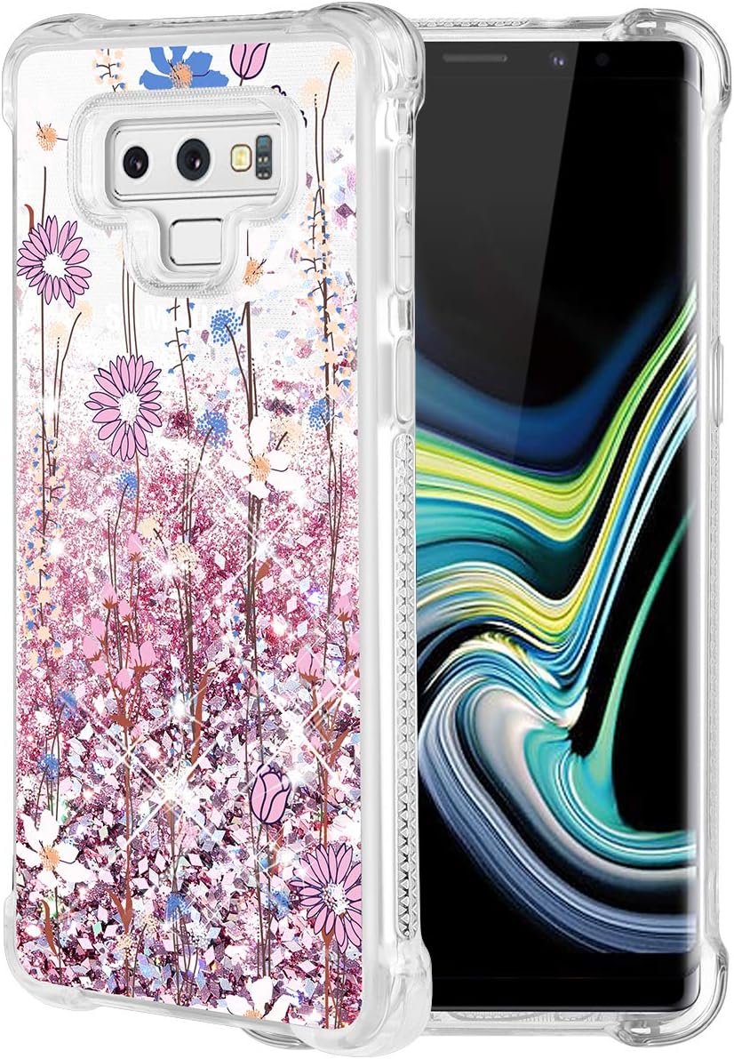Caka Galaxy Note 9 Case, Galaxy Note 9 Floral Glitter Case Flower Pattern Series Sparkle Fashion Bling Luxury Flowing Liquid Floating Glitter Soft TPU Case for Samsung Galaxy Note 9 (Pink Flower)