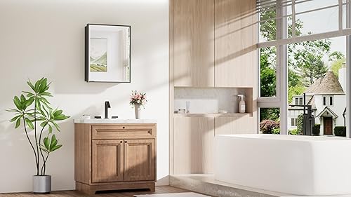 Miniatura 9 de TokeShimi Botiquín empotrado de 20 x 26 pulgadas con espejo montado en la pared, botiquín negro de aleación de aluminio con espejo, espejo biselado