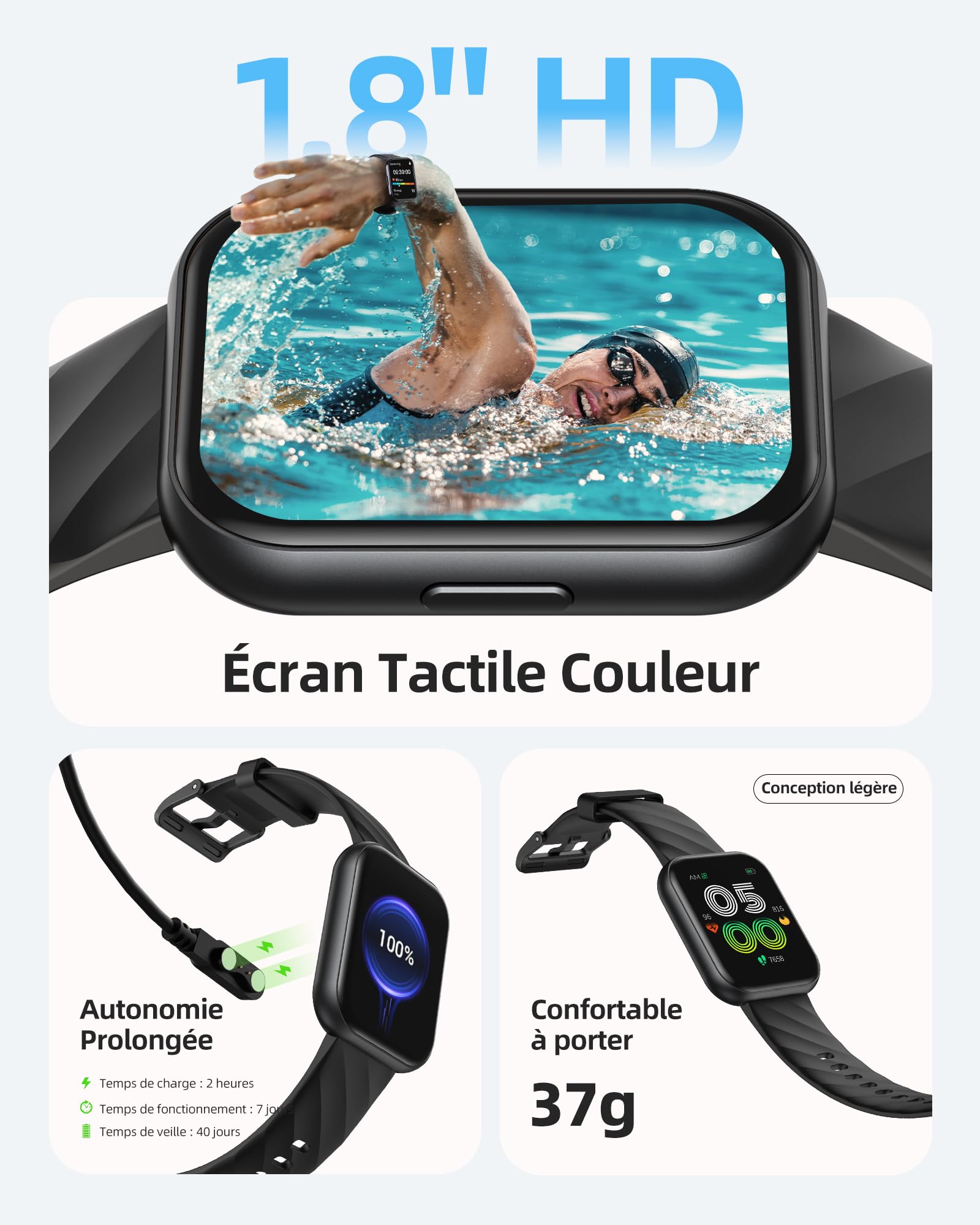 Parsonver Montre Connectée Homme Femme avec 5ATM Étanche, Sport Montre pour Natation, 1,8" HD Smartwatch avec 100+ Sportifs, Sommeil, Fréquence Cardiaque, Montre Connectee pour Android & iPhone, Noir