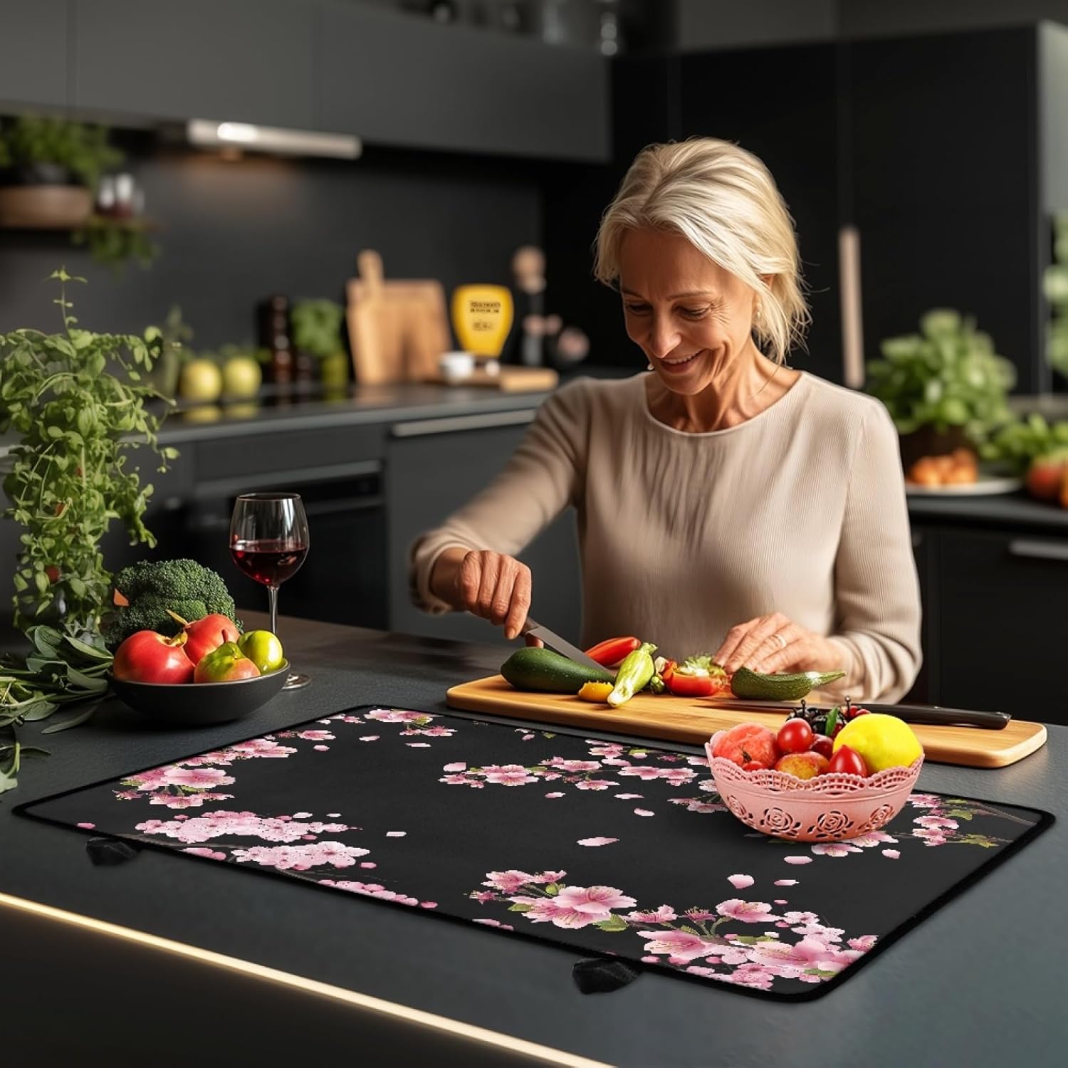 Black Cover for Stove Top Heat Resistant Glass Top Stove Cover Protector, Glass Cooktop Covers, Kitchen Flat Induction Cooktop Mat, Cherry Blossom