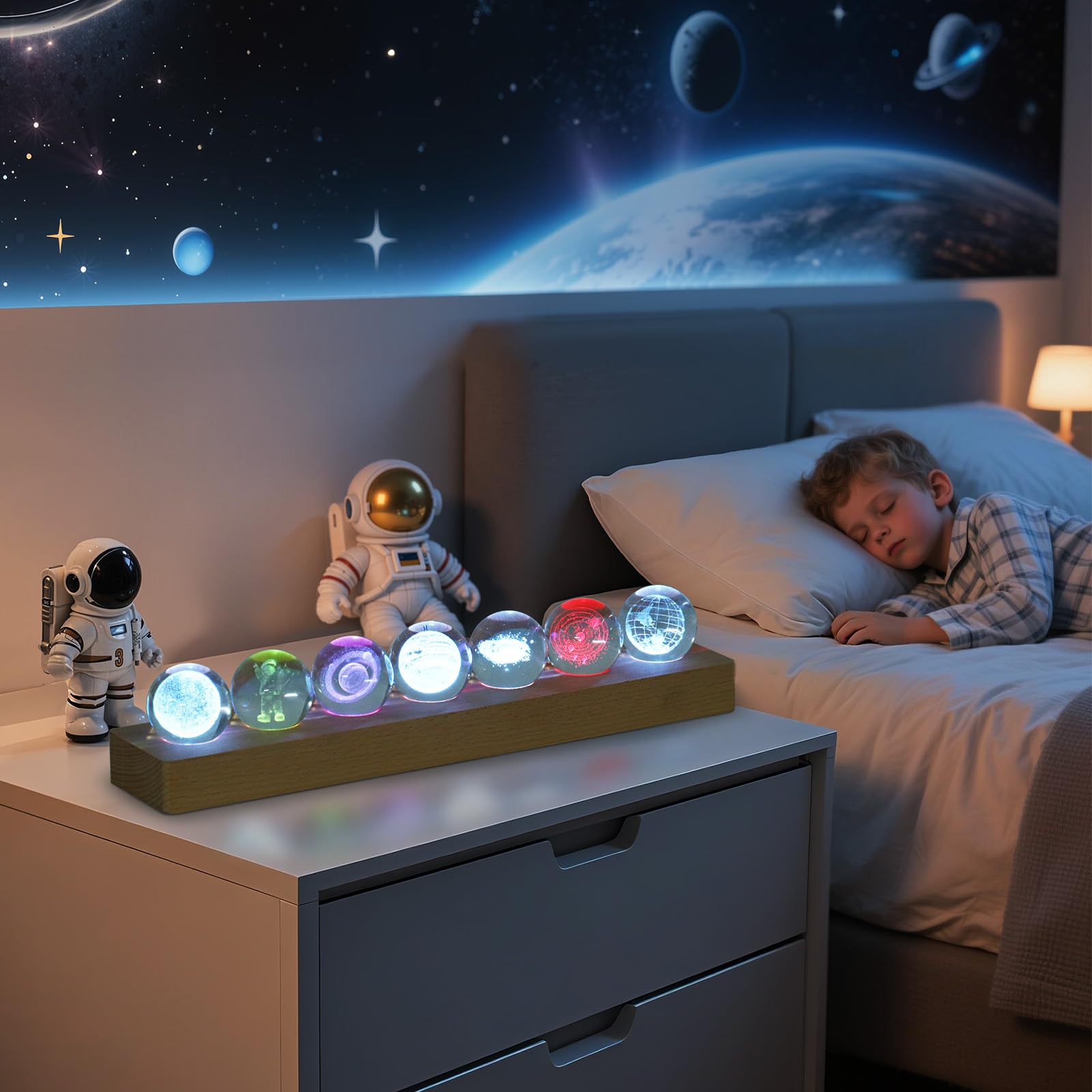 OXYEFEI Lámpara de planeta 3D, 7 patrones diferentes de bola de cristal, luz nocturna para decoración de habitaciones, bola de cristal de 40 mm con base de madera, regalo astronómico para madre, niños