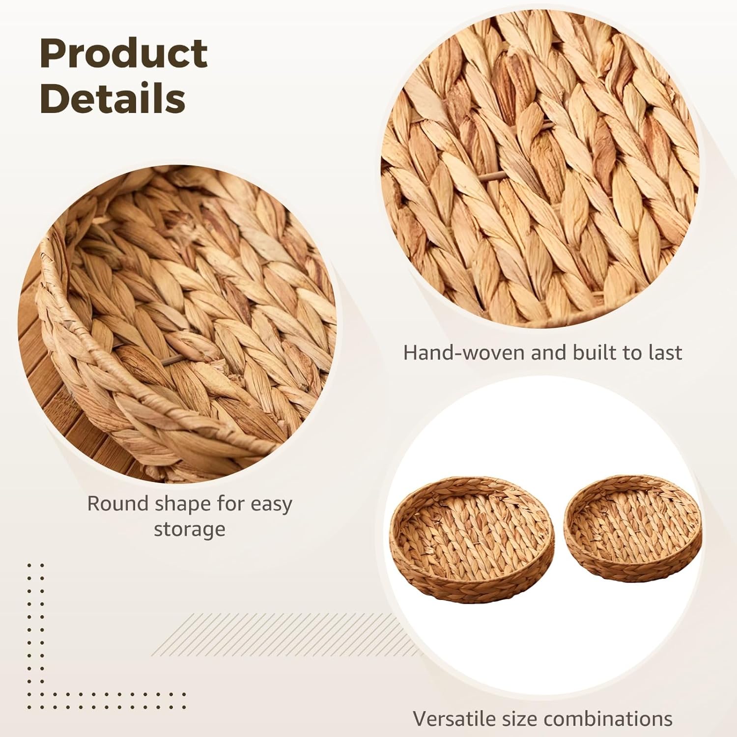 2PCS Round Wicker Rattan Tray, Large and Small Woven Basket Trays for Coffee Table Basket,Natural Water Hyacinth Serving Trays for Storage or Decoration,Living Room and Kitchen - Image 3