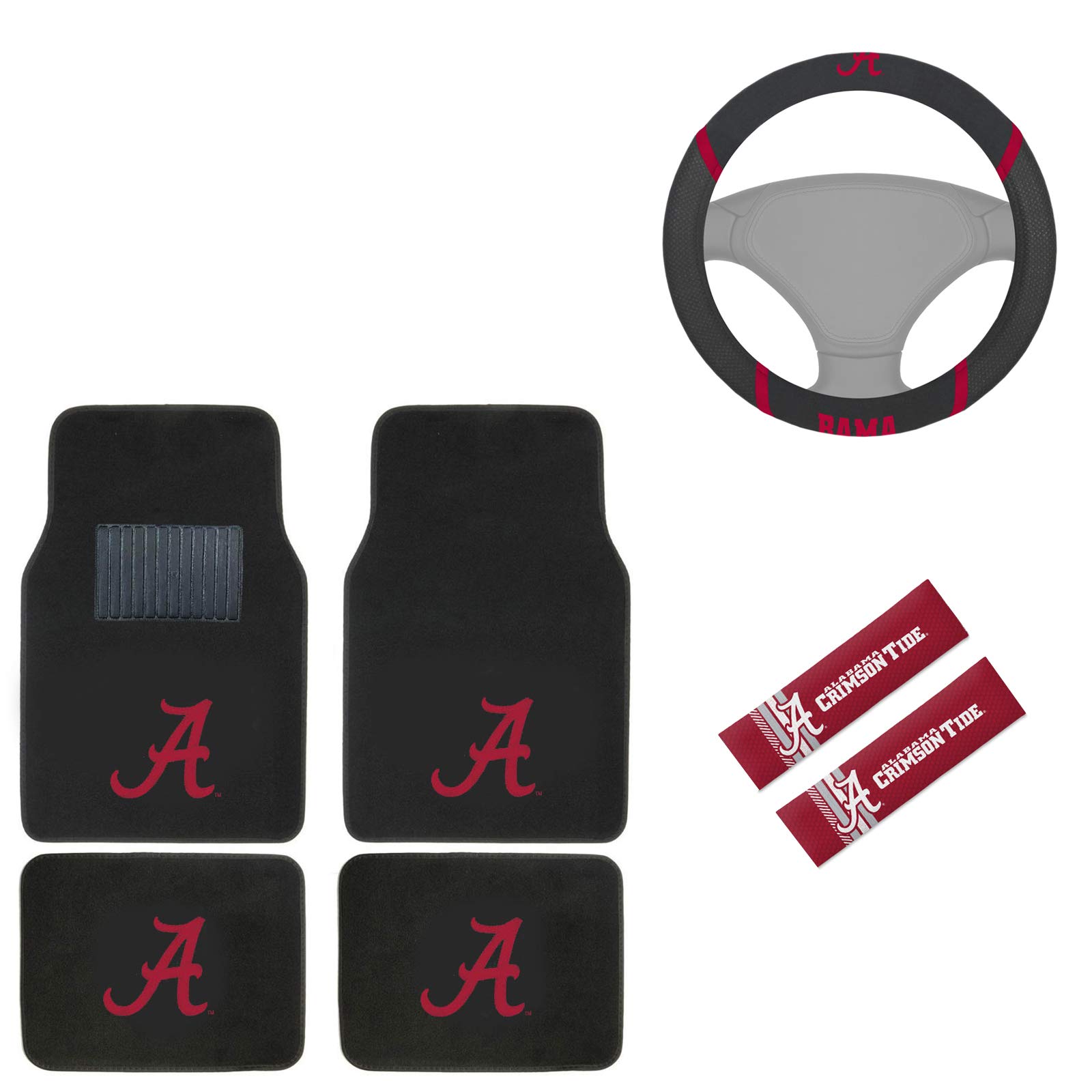 AAC FANMATS NCAA Carpet Floor Mats Bundle with Shoulder Pads and Steering Wheel Cover for Alabama Crimson Tide Fans Officially Licensed(6 Items)