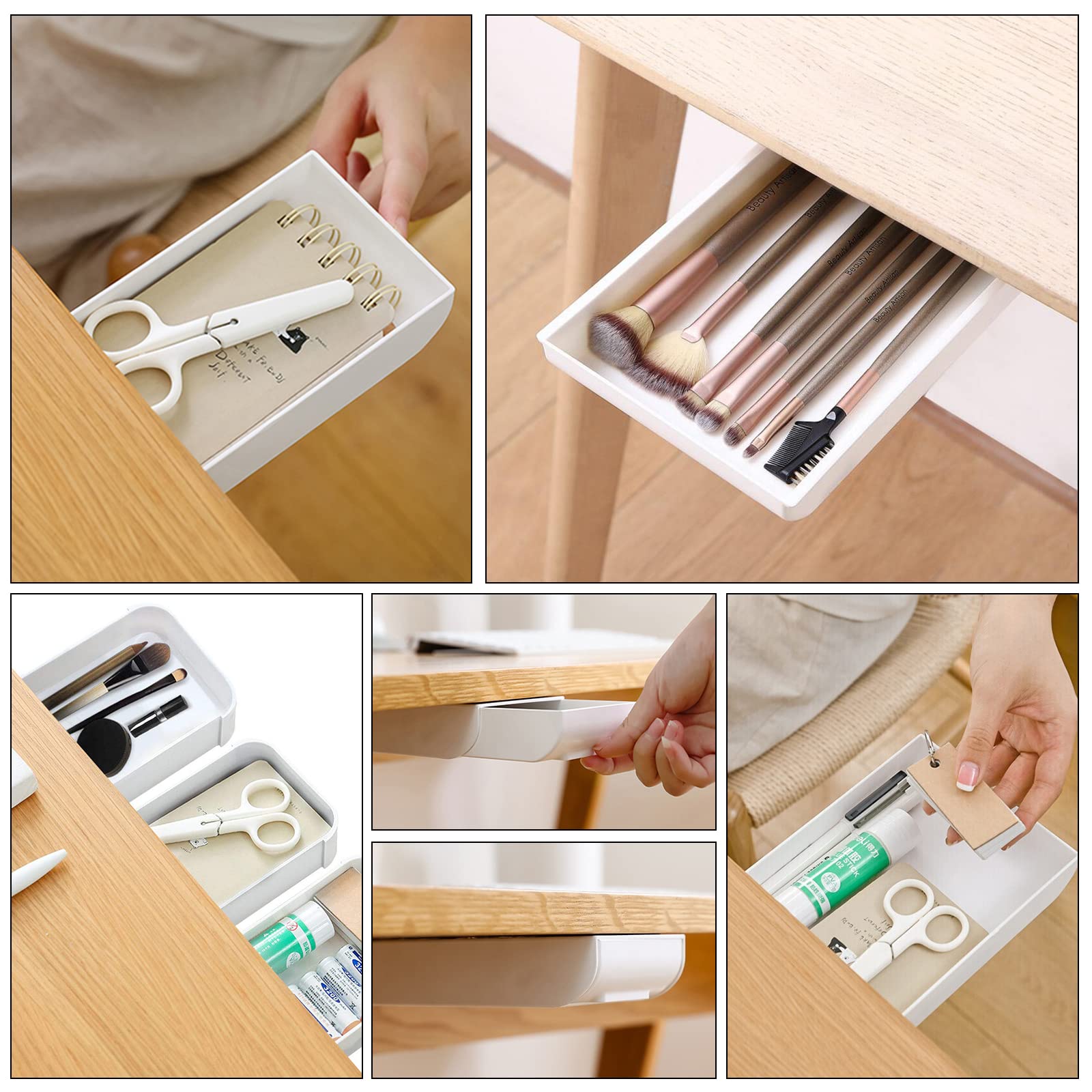 2 Piezas Cajón Debajo del Escritorio, Cajón Debajo de la Mesa Organizador con Mango, Organizador de Papelería Autoadhesivo, Organizador de Cajones Autoadhesivo para Oficina/Escuela/ Hogar, Blanco