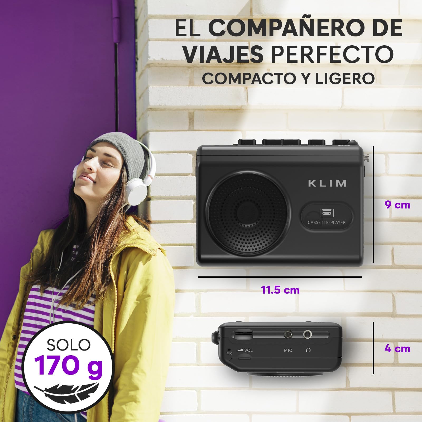 Reproductor Cassette y Grabadora Cassette KLIM K9 – Portátil con Altavoz Integrado, Micrófono, Entrada para Auriculares, Funciona con Pilas AA (Incluidas) o Adaptador AC, Auriculares Incluidos