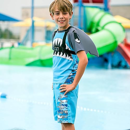 Vista 3 de Fin Fun Conjunto de traje de baño de tiburón azul para niños, pantalón corto, aleta de tiburón