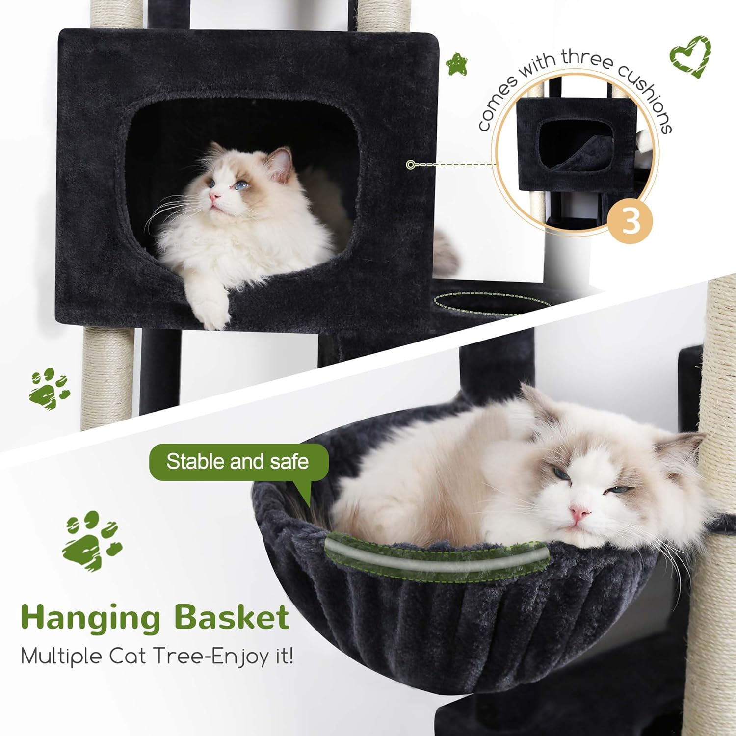 Globlazer 85 Inch Tall Cat Tree for Large Cats, Multi-Level Cat Tower for 4+ Cats with 3 Condos, 2 Hammocks & Sisal Posts, Heavy Duty Cat Tree Tower for Maine Coon, S85, Dark Grey