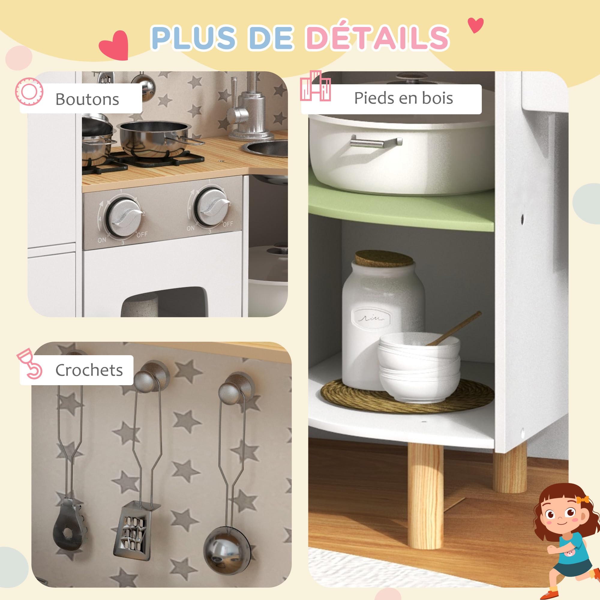 AIYAPLAY Cuisine Enfant en Bois 3-8 Ans Jeu d'imitation avec Machine à glaçons, évier Mobile en Acier Inoxydable et ustensiles 84 x 34 x 89 cm Blanc