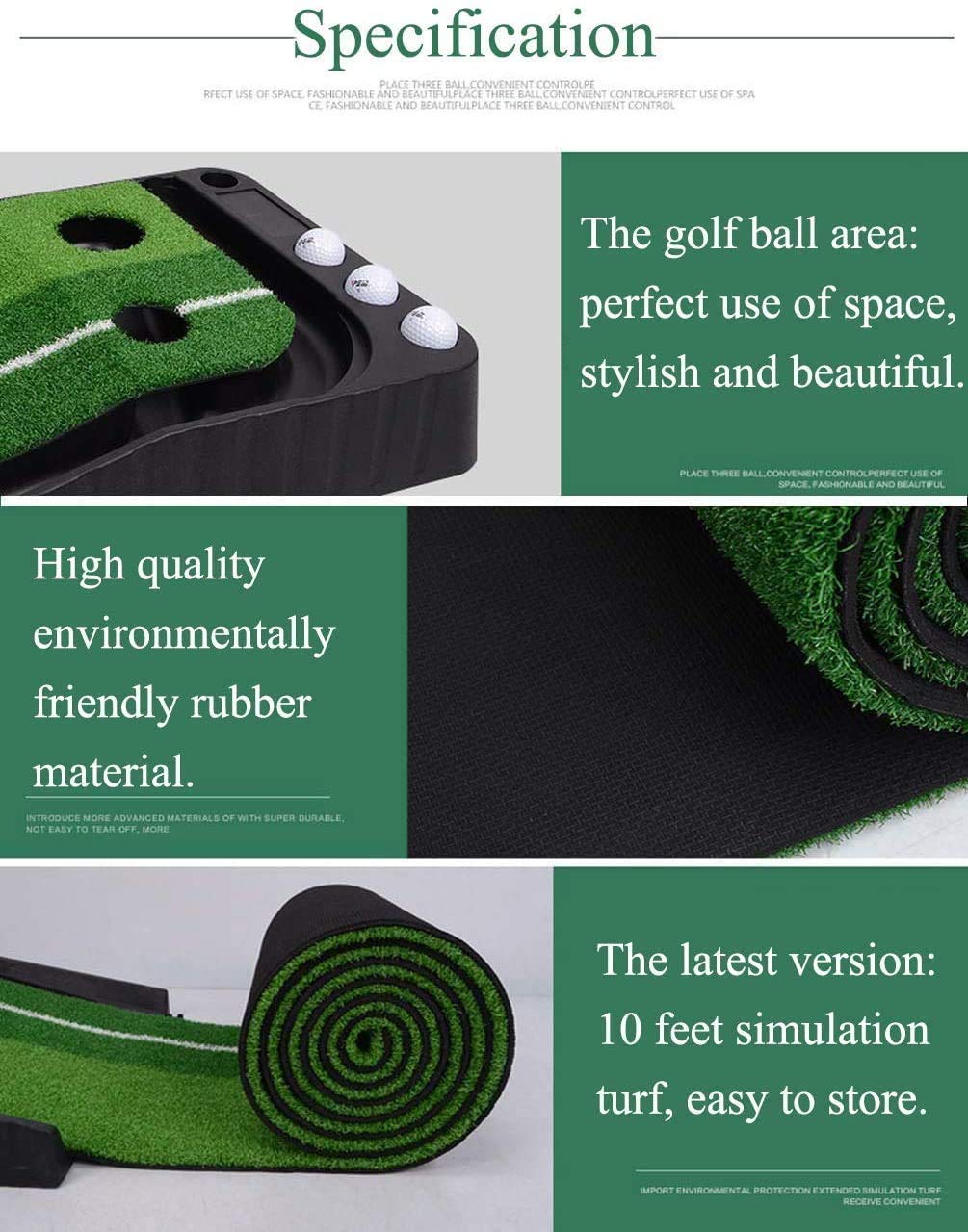 Profi Golf Puttingmatte mit Tragbarer Übungsmatte - Mini Putting Green für Zuhause, Büro und Gym - Inkl. Putter und 6 Bälle