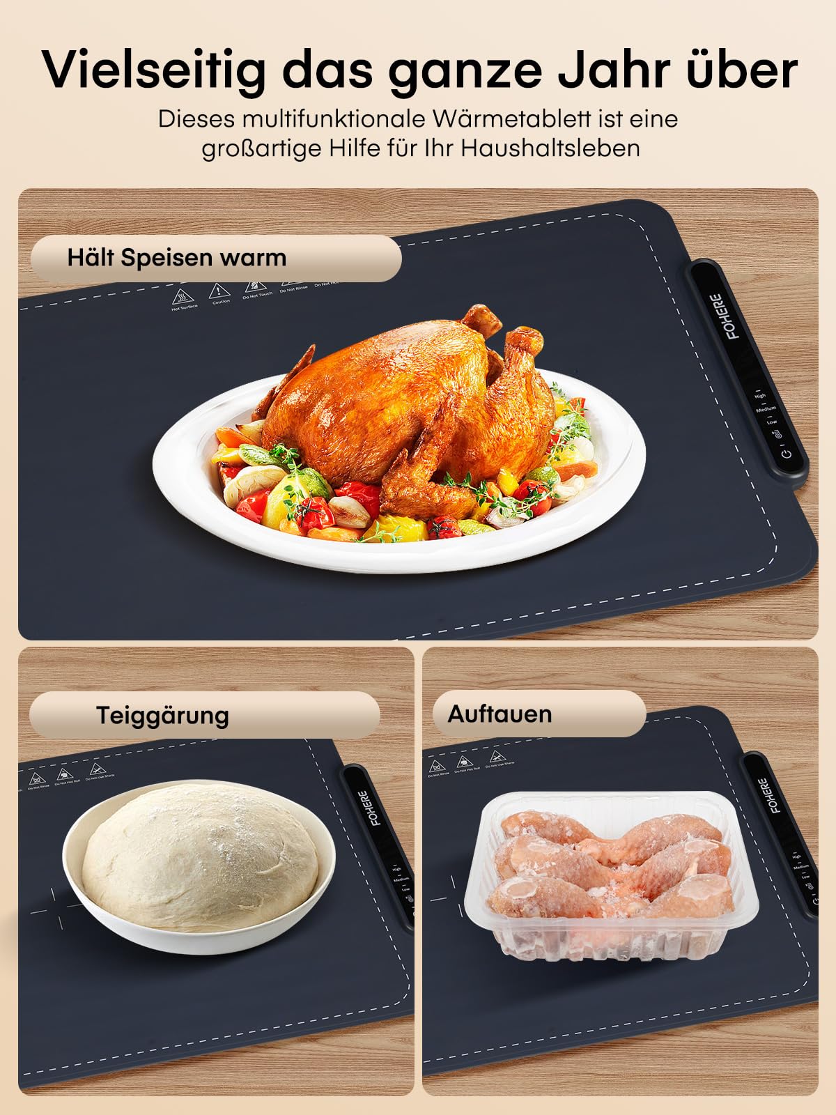 FOHERE Elektrische Warmhalteplatte aus Silikon 60x38cm Rollbare Warmhaltematte 3 Temperaturstufen Timer Kindersicherung