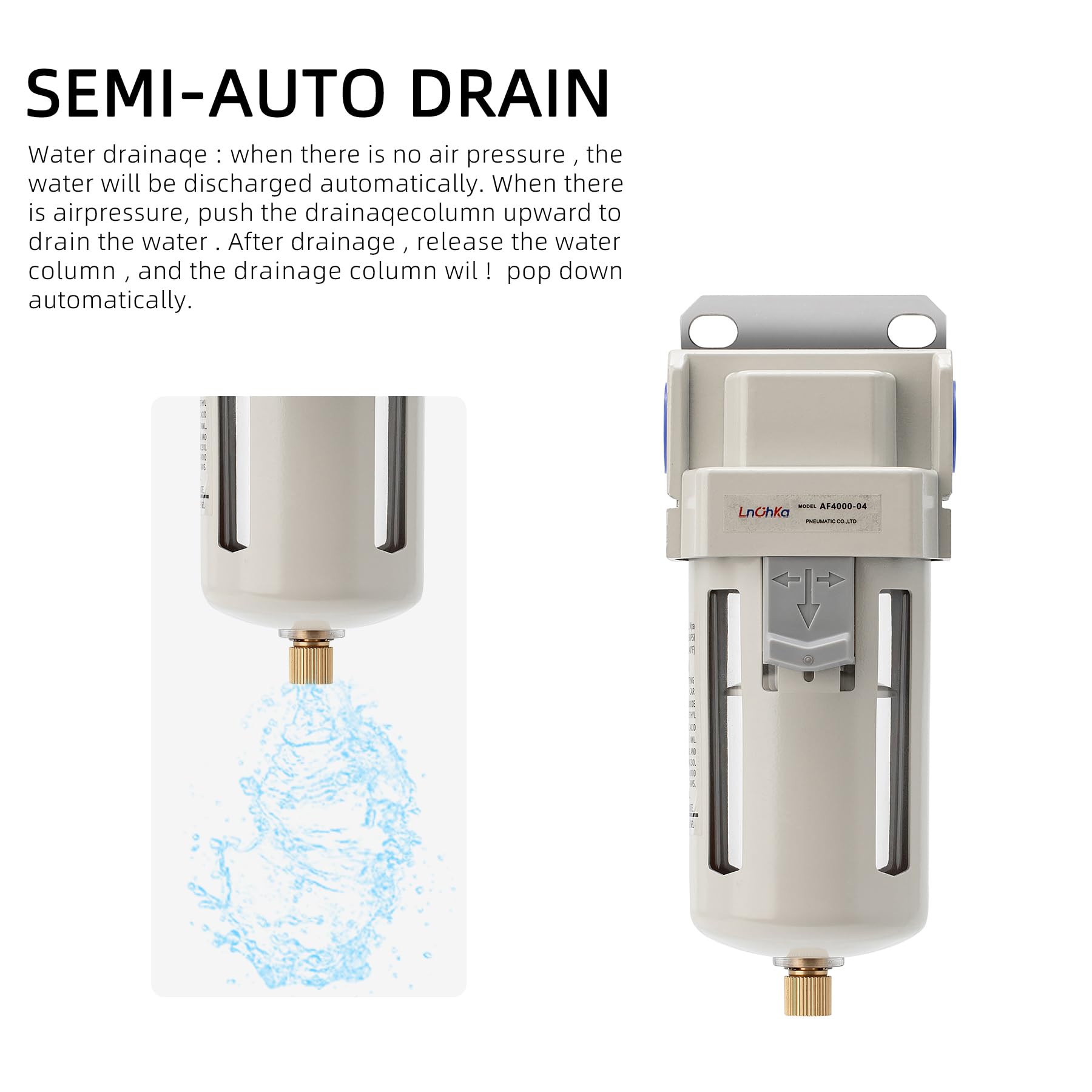Filtre de sécheur d'air industriel 1/2" NPT, 0-150 psi, séparateur d'eau pour compresseur d'air, filtre de compresseur d'air AF4000-04, élément en laiton de 5 microns, vidange semi-automatique