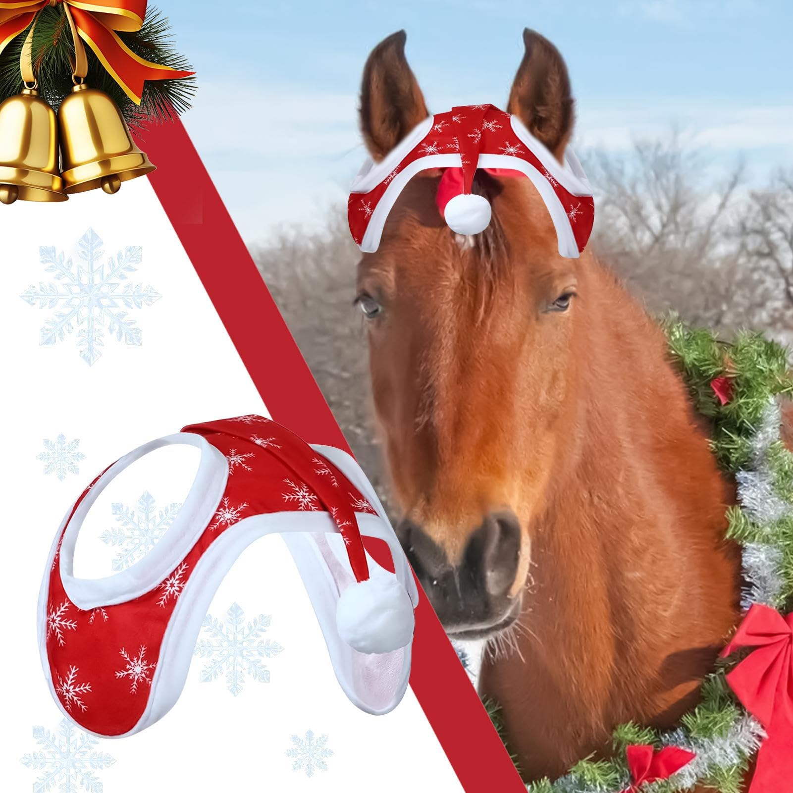 Cappello di Natale per cavallo, Babbo Natale sui, copertura per la testa con motivo fiocco di neve, costume decorativo per equitazione invernale e eventi festivi