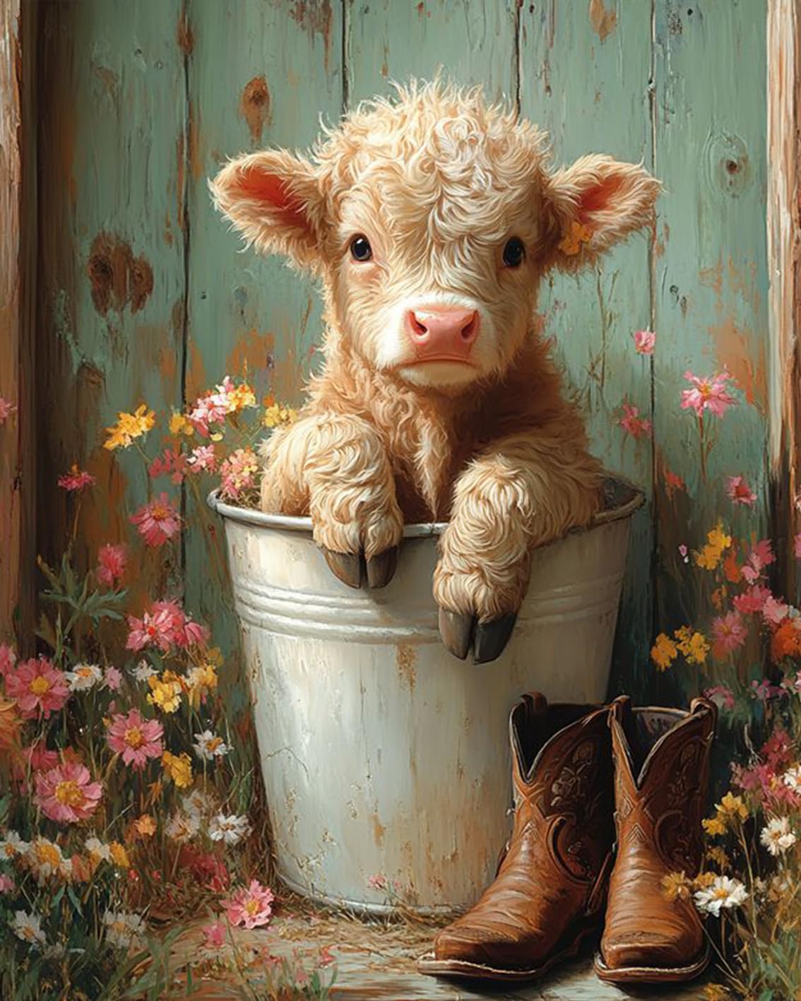 MBNTJHT DIY Cute Cow Paint by Numbers Kit for Adults Beginners,Simple Highland Cow Paint by Number Kits on Canvas,Flowers Digital Oil Painting Kits