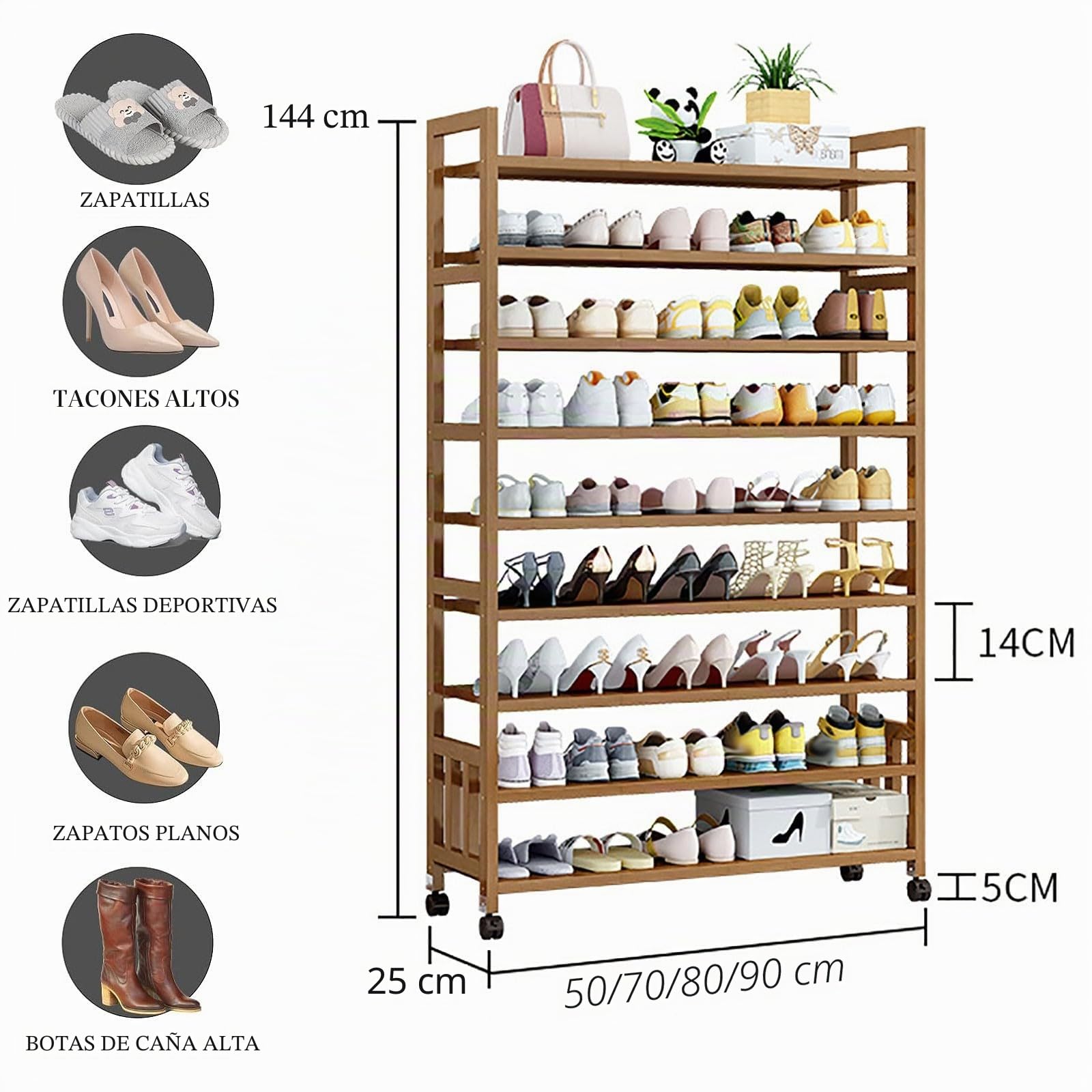 9 Niveles Zapatero de Pie para Entrada con Ruedas, Zapateros de Bambú DIY 27-45 Pares de Zapatos de Almacenamiento de pie Zapatero para Sala de Estar, vestidor y Pasillo(Color:A,Size:50CM)