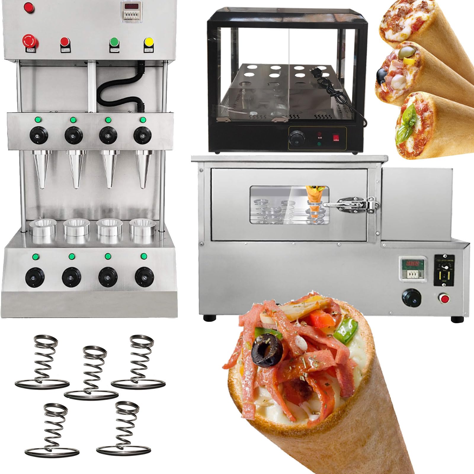 TXMACHINE® Pizza cone machine 4 cone maker with pizza oven,display warmer,pizza cone making machine,4 shapes (4 cone maker+oven+display warmer, 110V/60HZ)
