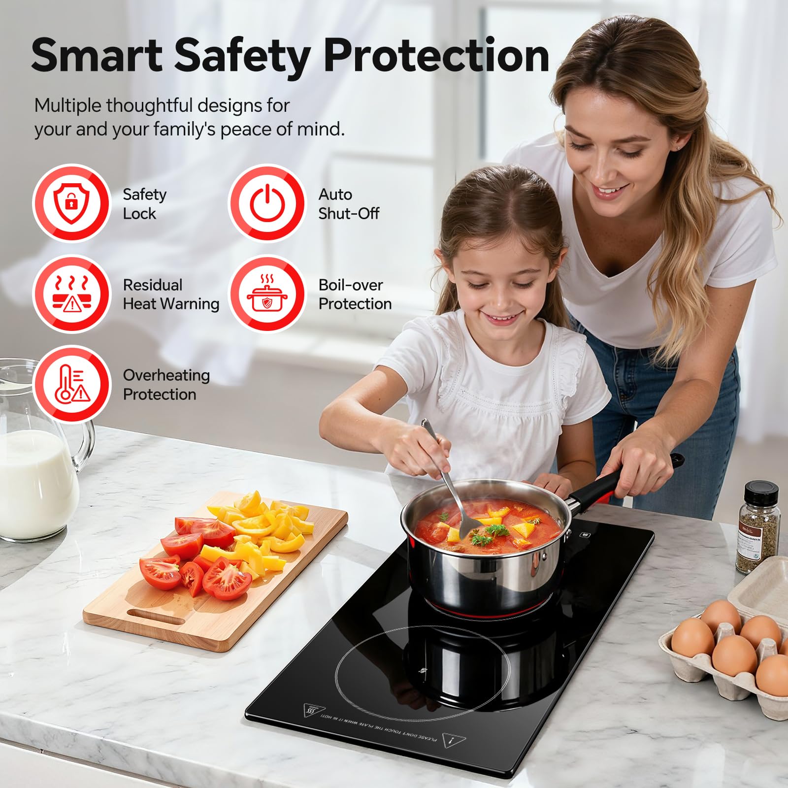 SNDOAS 30cm Ceramic Hob 2 Zones, 3000W Electric Hob Built-in/Countertop, Pause Function & 1-99 Min Timer, 9 Power Levels Touch Control, Child Lock, All Pots Compatible, Plug in Hob with UK standard — view 5