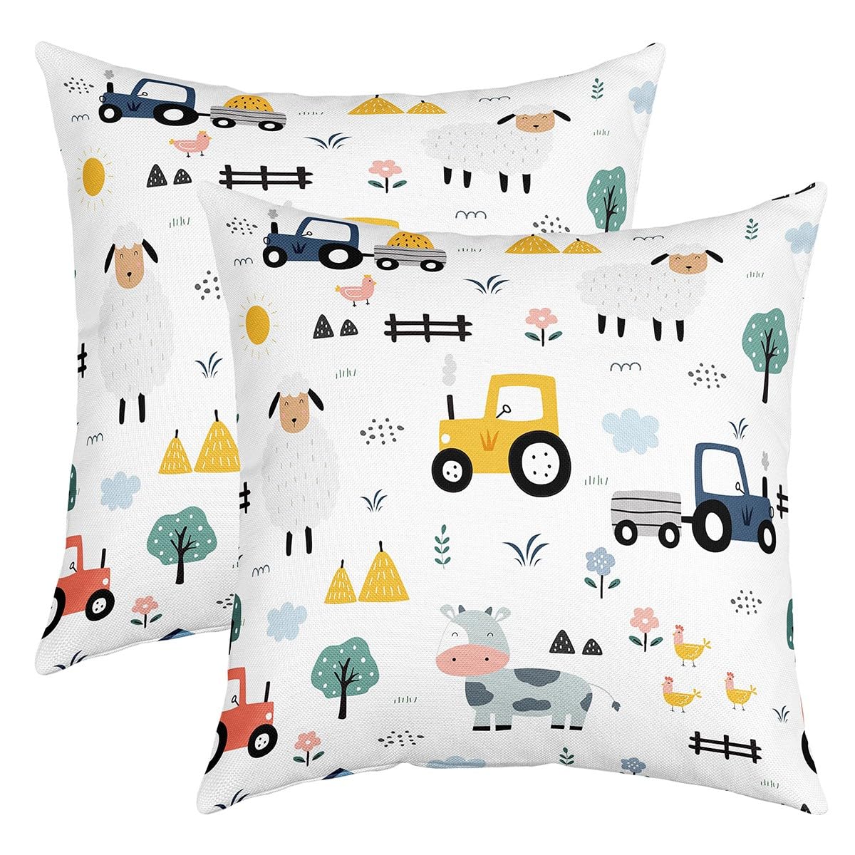 Homemissing Multicolored 21 16X16 Inch Farm Animal Cartoon Tractor Square Cushion Covers Set Of 2 Reversible Throw Pillow Covers For Kids Decor