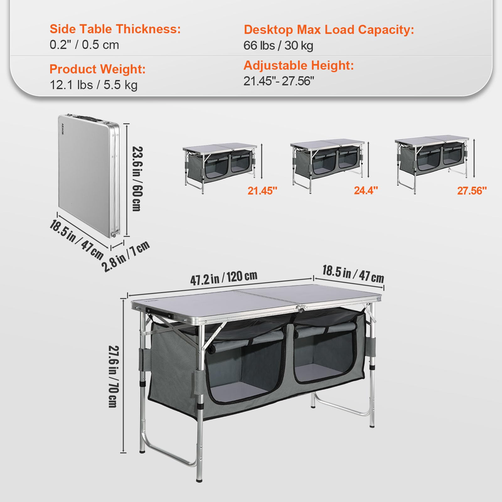 VEVOR Kuchnia kempingowa 120 x 47 x 70 cm składana szafka kempingowa struktura aluminium duży blat meble kuchenne regulowana wysokość 2 przedziały z uchwytem do przenoszenia grilla piknik ogrodowy