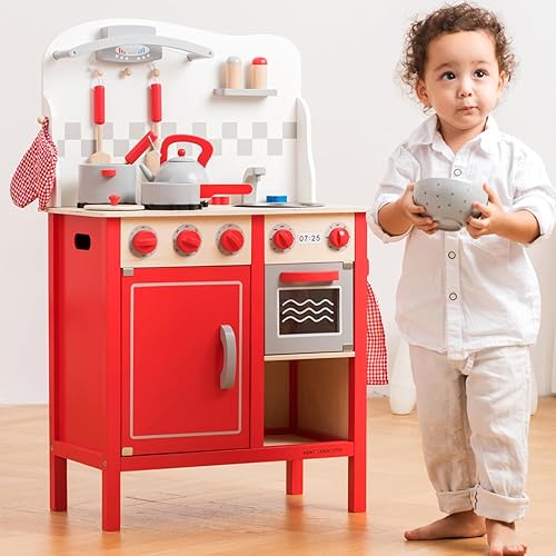 Miniatura 5 de New Classic Toys Cocina de juguete de madera roja para niños con juego de roles Bon Appetit Incluido Accesoires 21.654 x 11.811 x 35.039 in