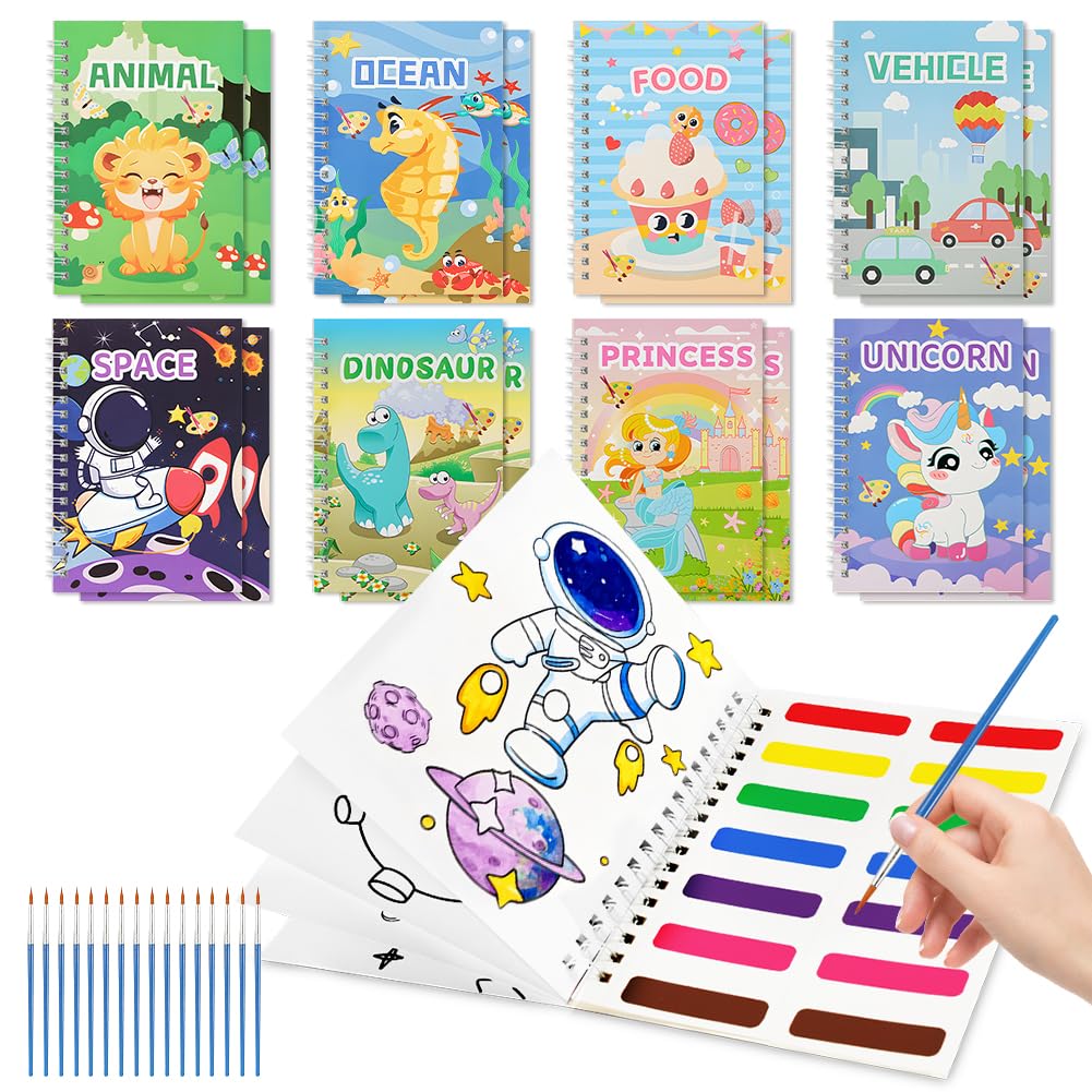 AOOTE Magiczne kolorowanki wodne, 16 sztuk książek do malowania wodnego dla dzieci, zestaw z 16 pisakami wodnymi, kolorowanka z wodą, nagrody w klasie, prezenty urodzinowe i halloweenowe
