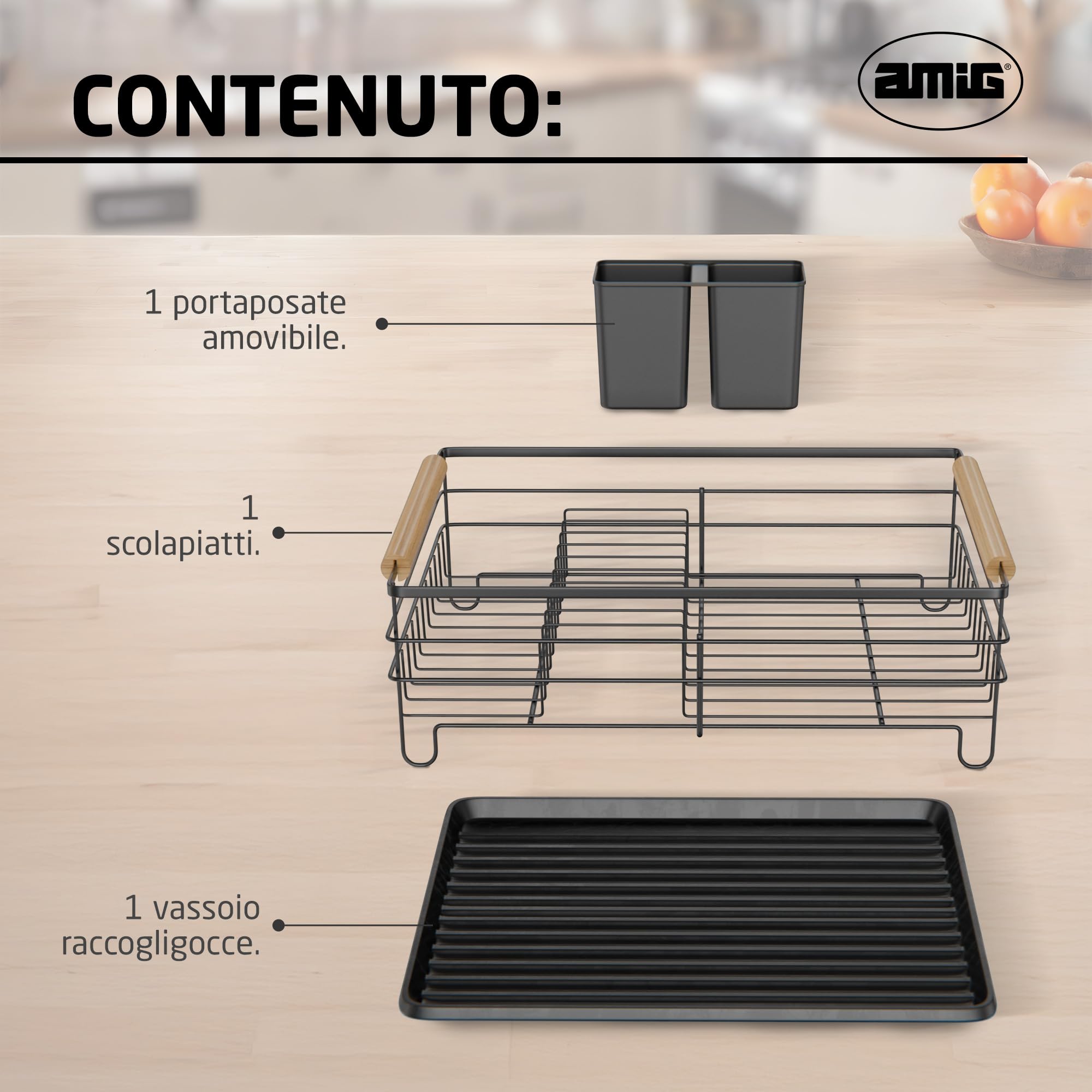 Amig - Scolapiatti Graz - 42 x 31,5 x 15 cm - Acciaio con Manico in Legno - Colore Nero - Scolapiatti con Vassoio di Sgocciolamento e Supporto per Posate - Capacità per 10 Piatti e 6 Bicchieri