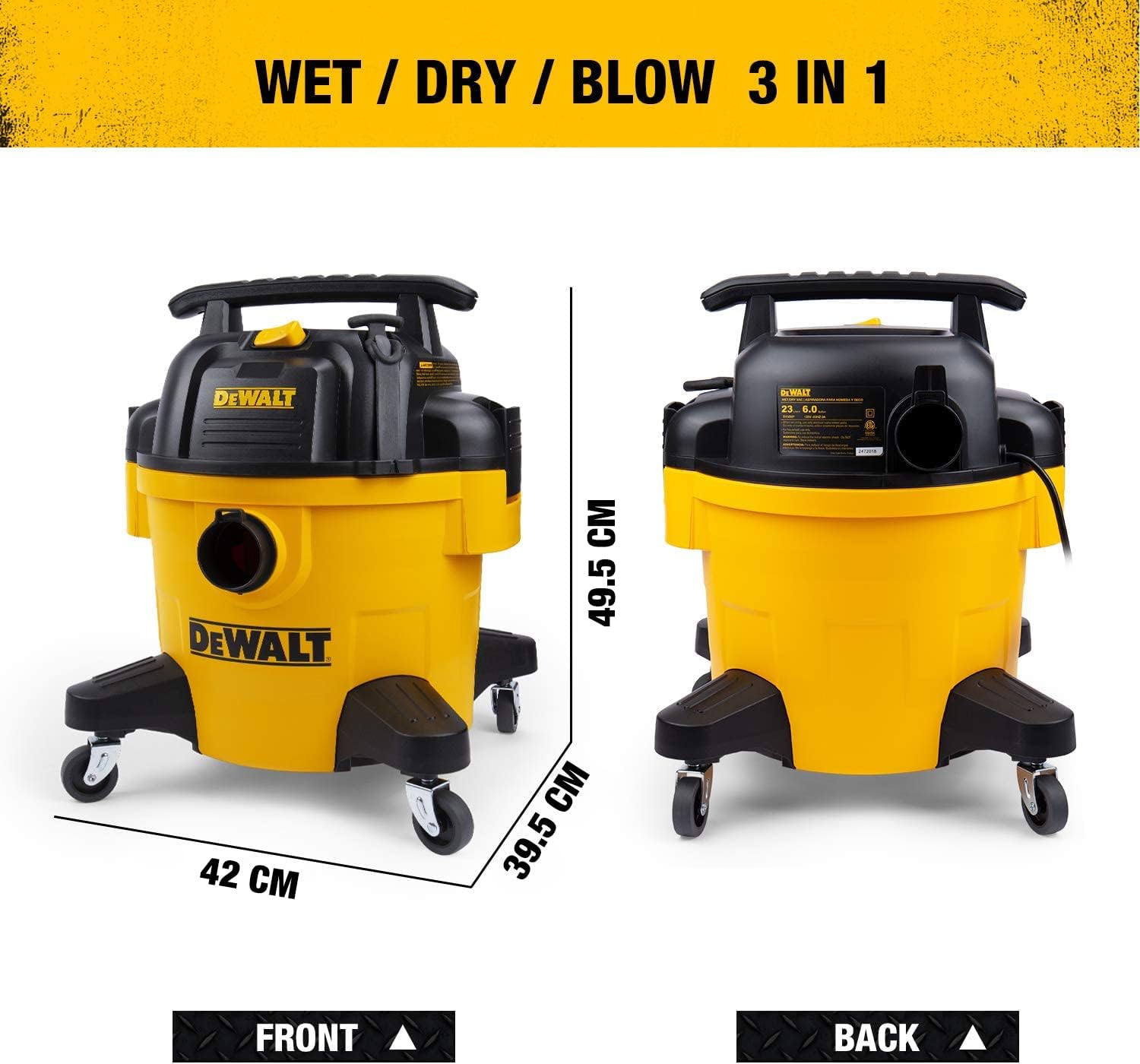 Aurretik eta atzetik view of DeWALT EUDXV23P Wet/Dry Vacuum with dimensions: 49.5 cm height, 42 cm width, 39.5 cm depth.