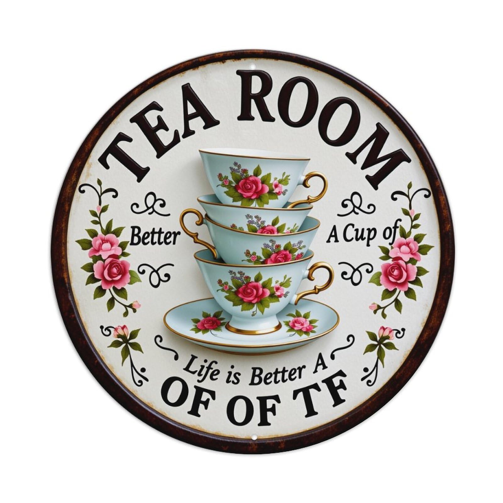 Tea Room Cup Roses Pattern Round Tin Sign Retro Metal Sign for Cafe Bar Pub Home Game Room Gym Club Wall Decoration Vintage Metal Poster 8x8 Inch