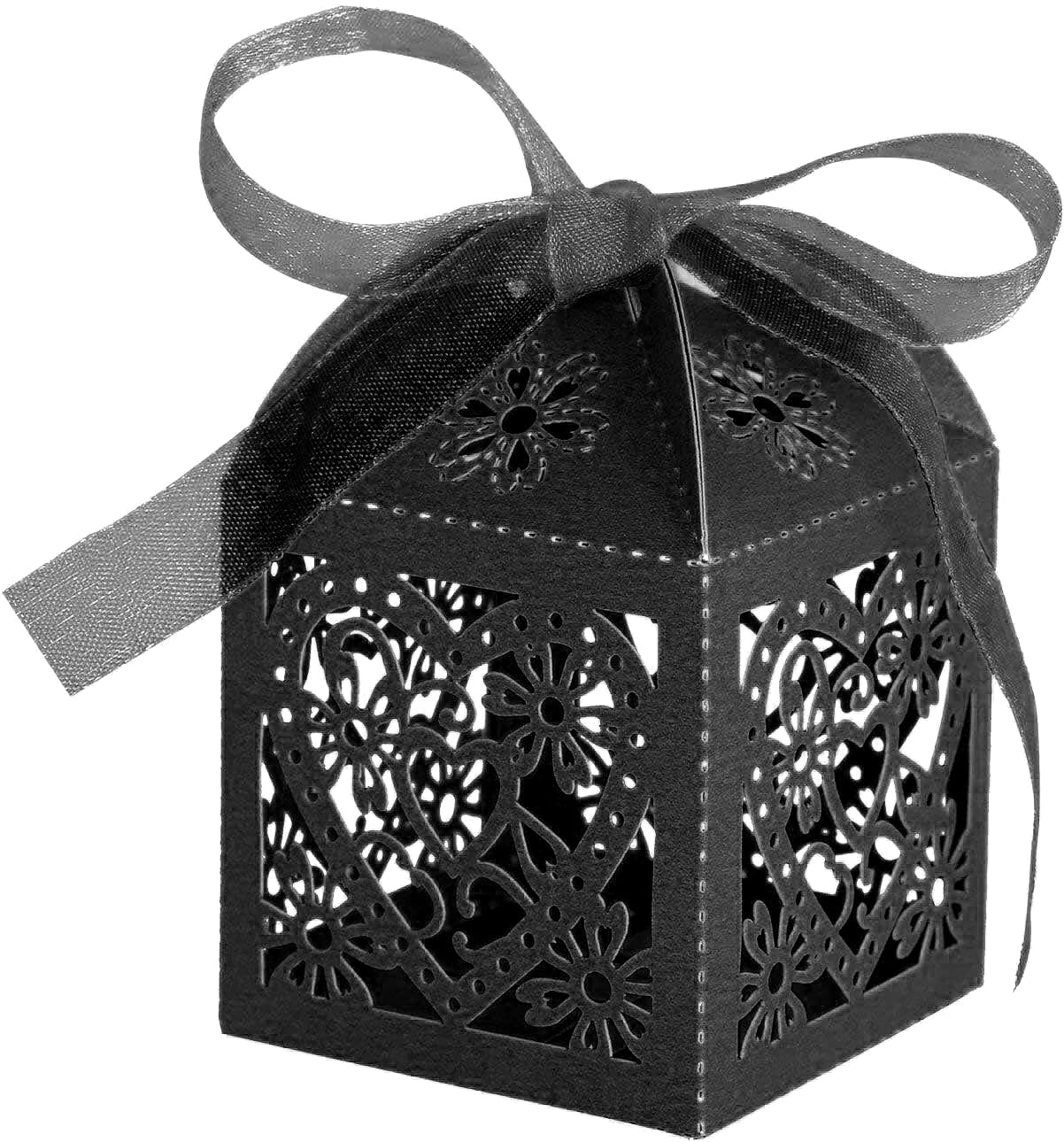 KPOSIYA 100 Pack Love Heart Laser Cut Wedding Party Favor Box Candy Bag Chocolate Gift Boxes Bridal Birthday Shower Bomboniere with Ribbons