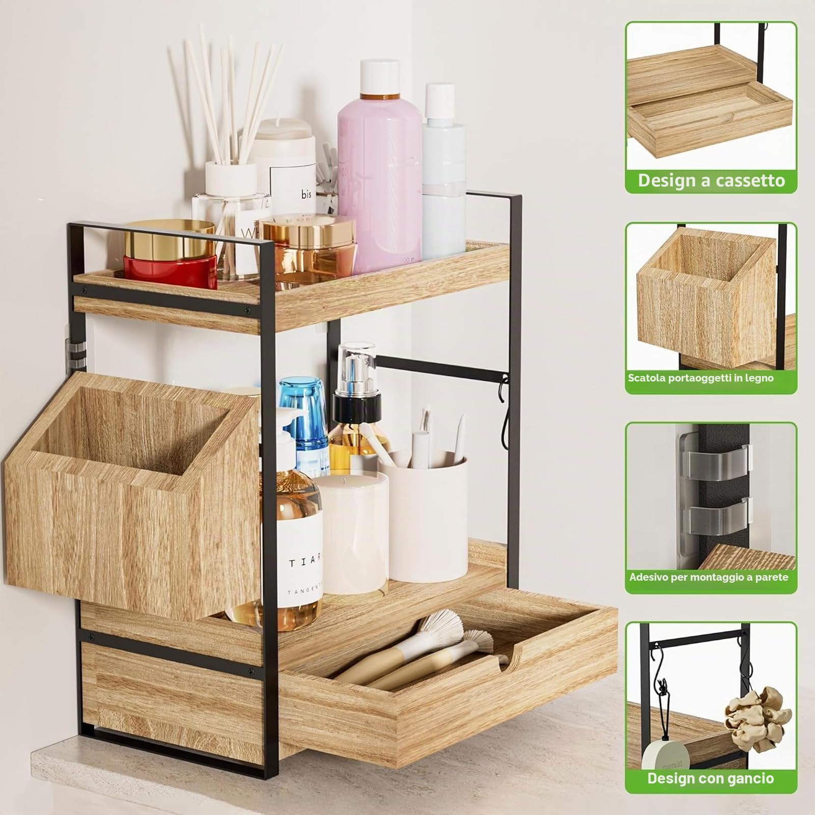 Kottwca Organizer da bagno a 2 livelli con cassetti, cestini e 2 ganci