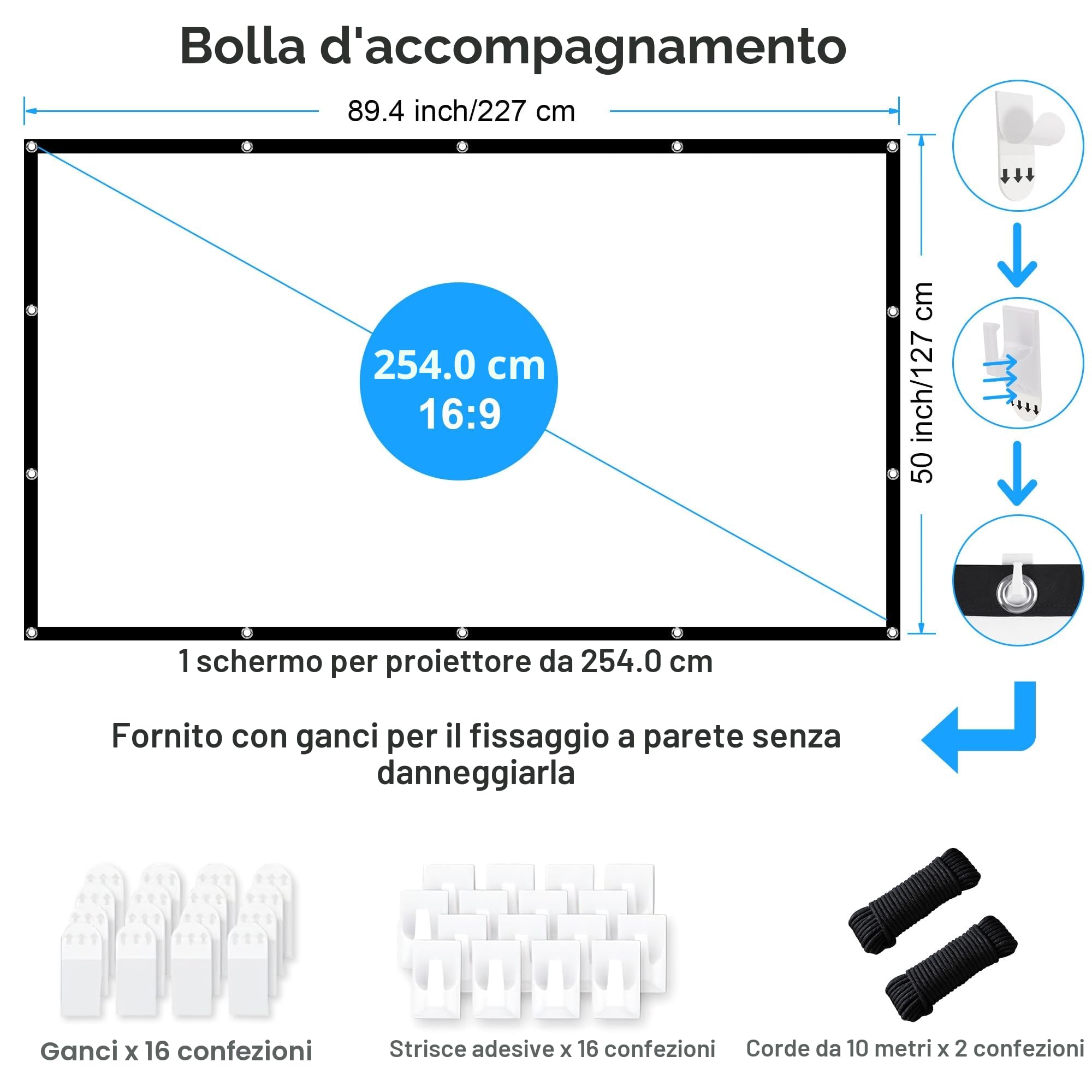 Schermo per Proiettore 100 Pollici, LEORFI Telo Proiettore Portatile 16:9 4K Full HD, Anti Rughe Pieghevole, 227x127 cm Schermo Doppia Faccia, Schermo di Proiezione per Esterni per Home theater