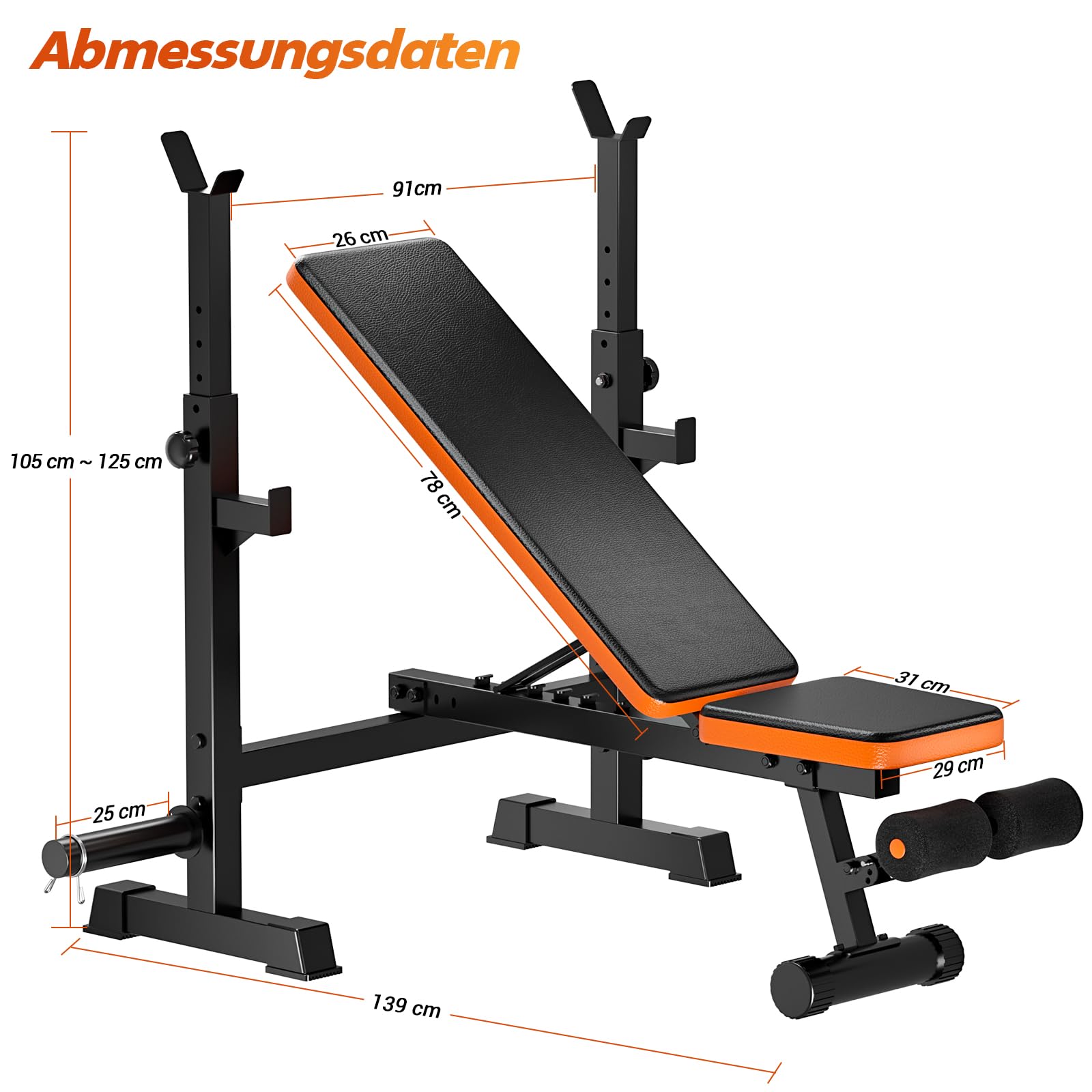 XDDIAS Multifunktion Trainingsbank mit Langhantelablage, Verstellbare Hantelbank für Home Gym, 7-Fach Rückenlehne Fitnessbank für Bankdrücken & Krafttraining, bis 350 kg