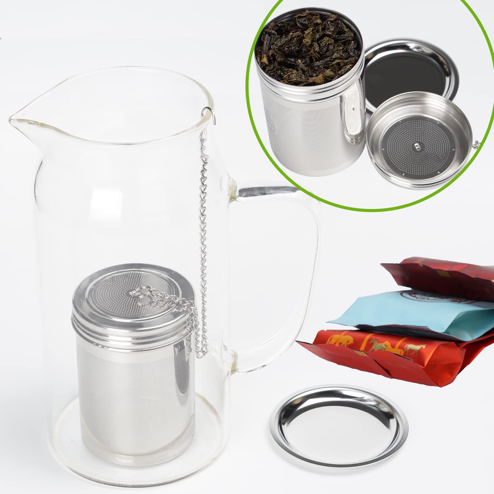 FLYAMAPIRIT Filtro da tè in acciaio inox, 2 pezzi, infusore per tè, cilindrico, con piastra di base, per teiere, tazze, bottiglie di tè, ecc