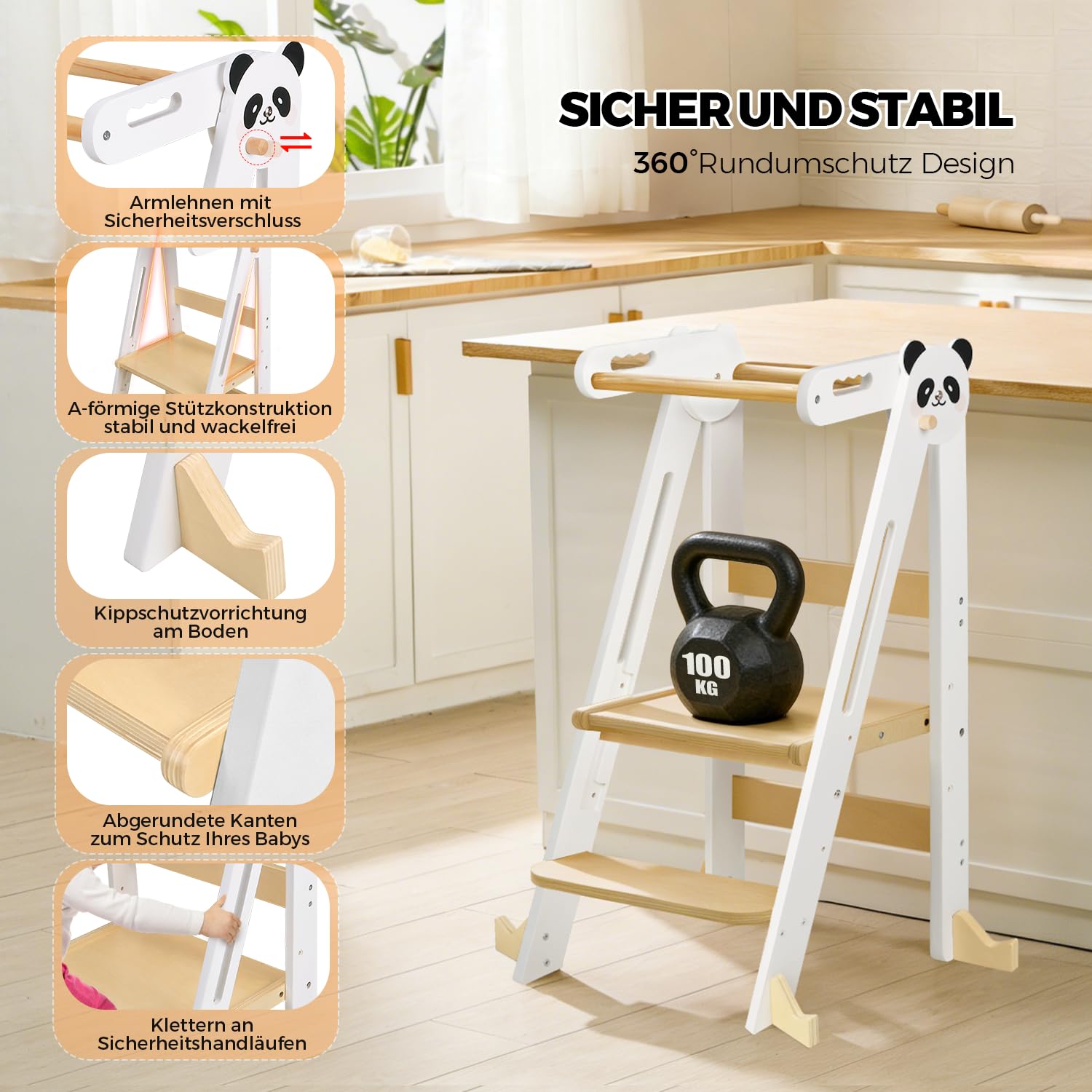 Lernturm Klappbar ab 1 Jahr, Montessori Lernturm aus Holz für Kinder, Höhenverstellbarer Learning Tower mit Sicherheitshandlauf, 360° Kippschutz, Stabiler Küchenhelfer für 1–6 Jahre (Weiß)