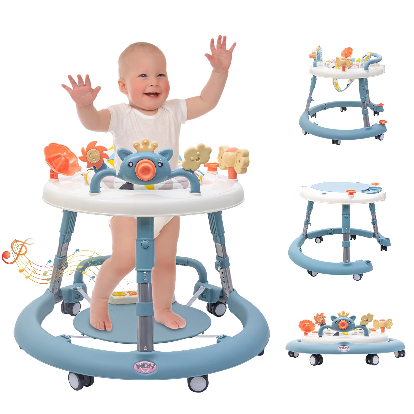 Photo 1 of 4 in 1 Baby Walker, Baby Walker with Wheels & 4 Heights Adjustable, Foldable Baby Walker Include Musical Toy Tray and PVC Pedals, Baby Walkers for Babies 6-18 Months