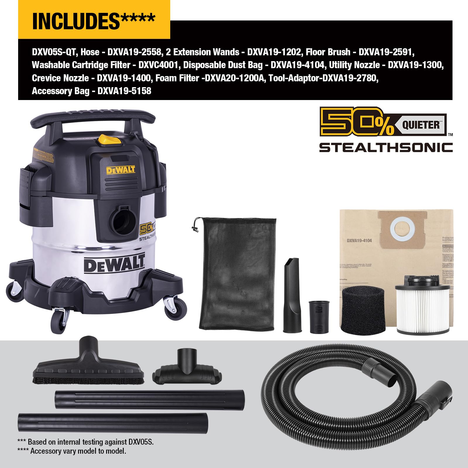 DEWALT 5 Gallon STEALTHSONIC Shop Vacuum Wet and Dry, Powerful Suction ...