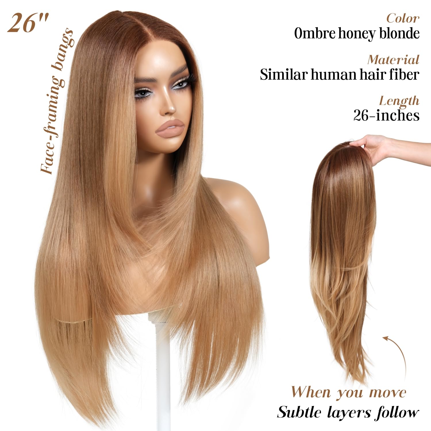 Layered Wig with Bangs for Women, 26 Inch Long Synthetic Hair, Glueless Straight Human Hair Wig With Bangs NO Lace Front Machine  main image 2