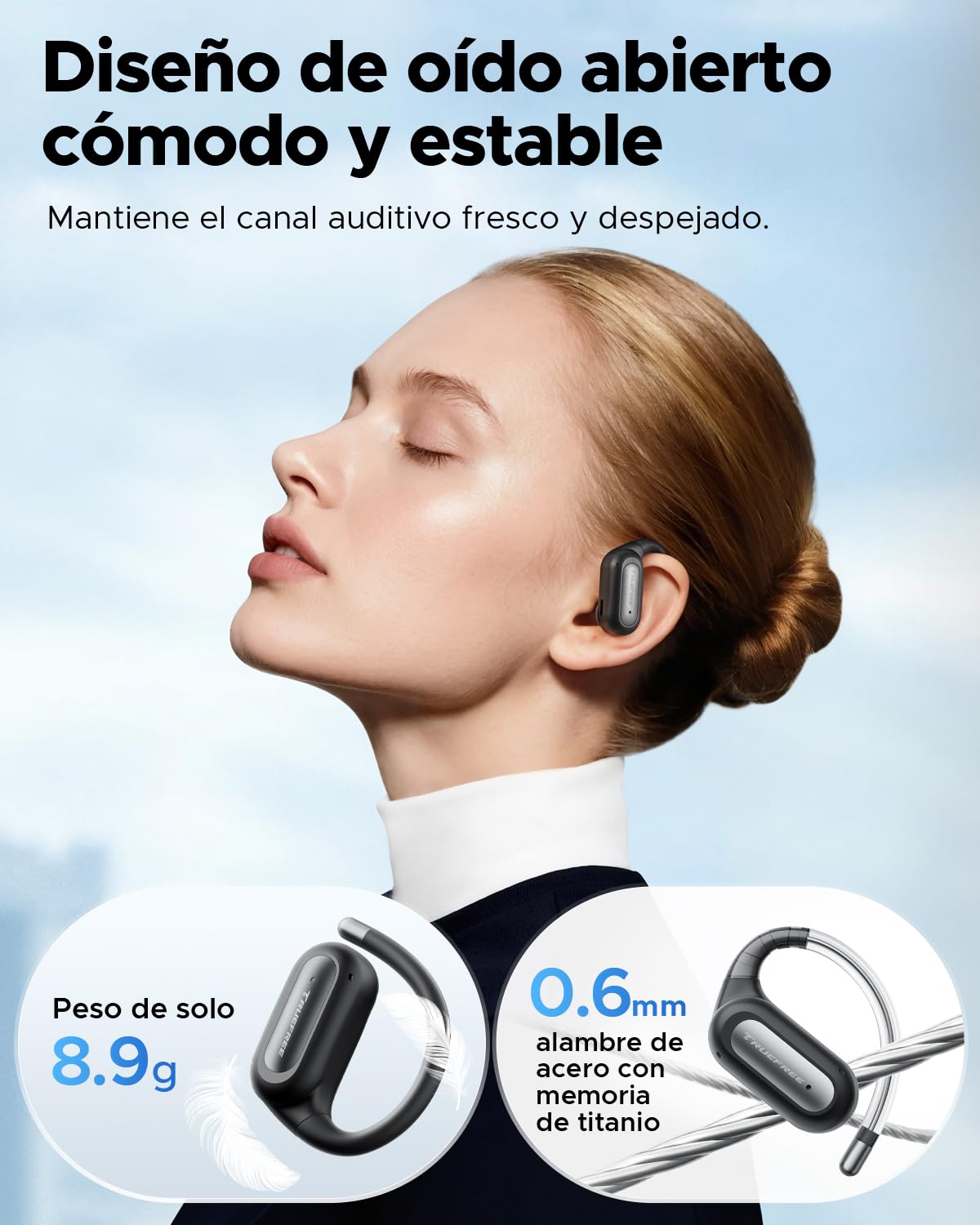 truefree DS1 Auriculares Inalámbricos, Audífonos Abiertos Bluetooth 6.0, Sonido Espacial, 4 Micrófonos para Llamadas, 40H de Reproducción, Carga Rápida, Conexión Multipunto, Resistencia al Agua IPX5