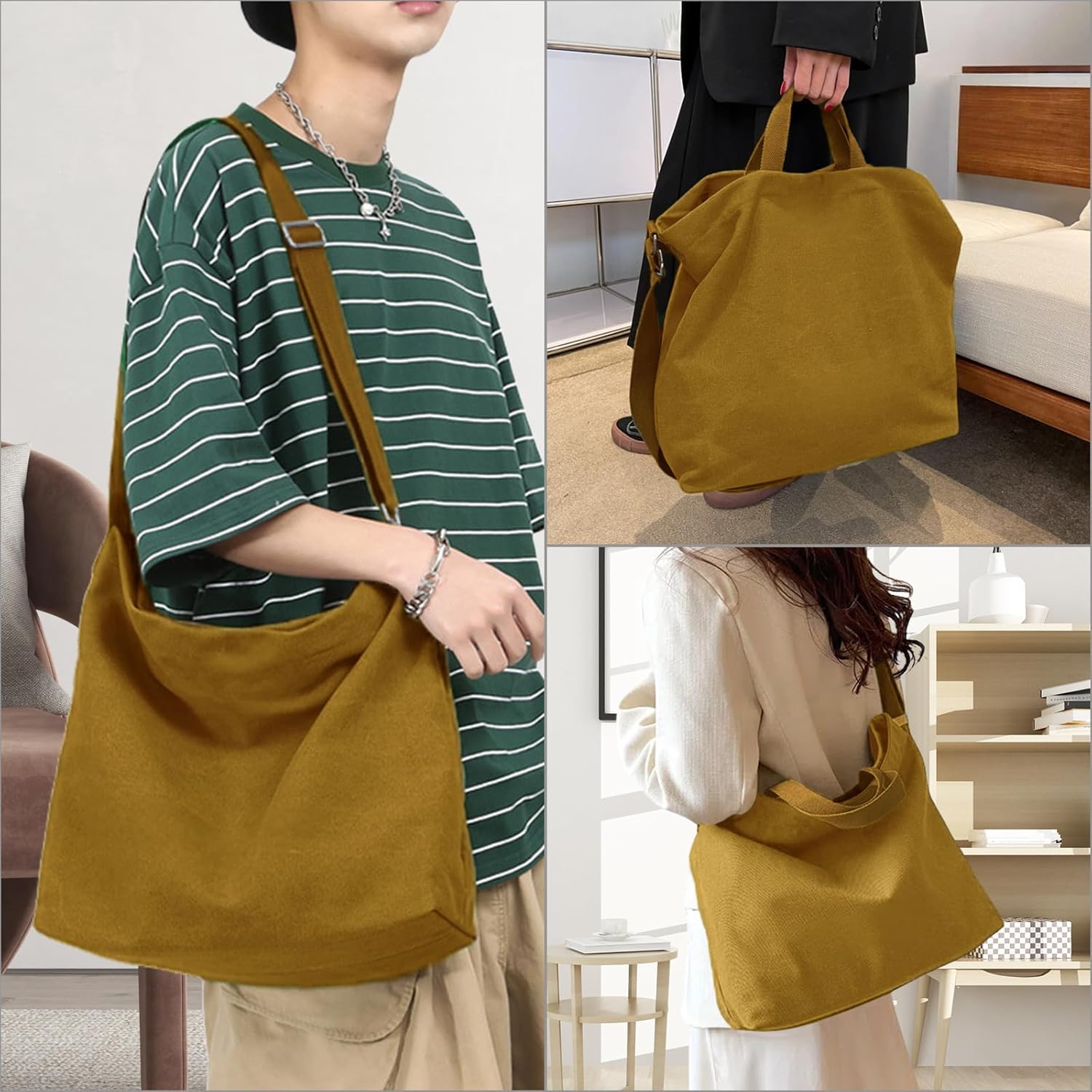Women's Canvas Tote Bag inside Out Bag with Adjustable Crossbody Strap for Work Travel Shopping Durable Handbag for Men - Image 5