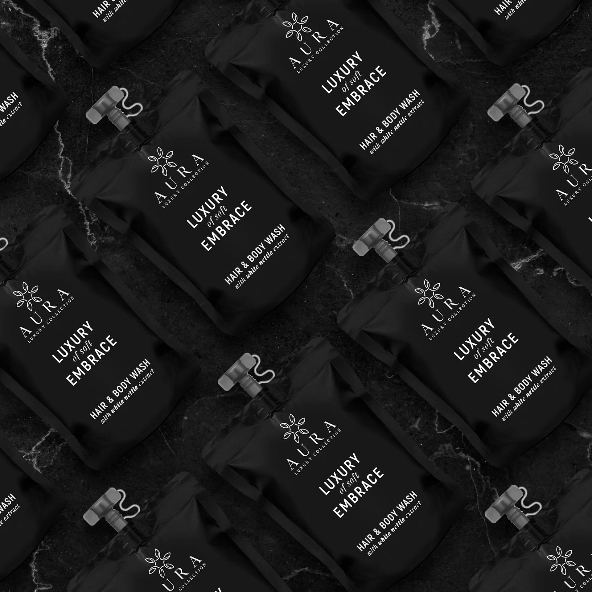 Aura Luxury Collection Black Edition Zestaw 100 saszetek ze stojakiem na prysznic 30 ml z korkiem z organicznymi ekstraktami z białej pokrzywy - zestaw kosmetyków do kąpieli hotelowej i B & B