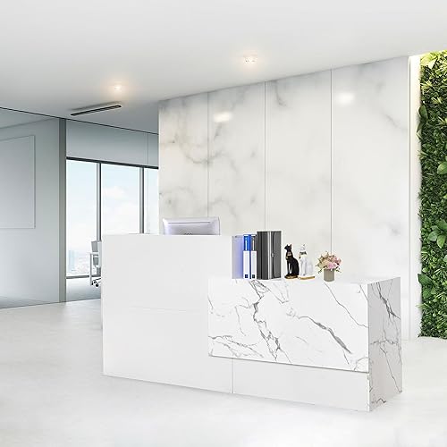 Escritorio de recepción grande de 86.8 pulgadas, moderno mostrador de pago con cajón con cerradura, bandeja para teclado y estantes, escritorio de