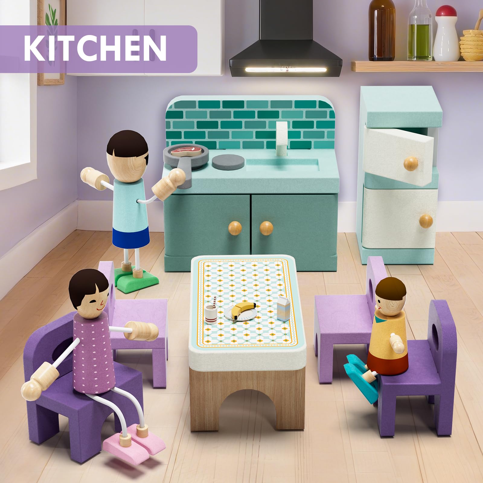 Juego de muebles de casa de muñecas de madera, 39 piezas con 5 habitaciones, muñecas familiares y mascotas, accesorios y muebles de casa de muñecas de madera, accesorios de casa de 6