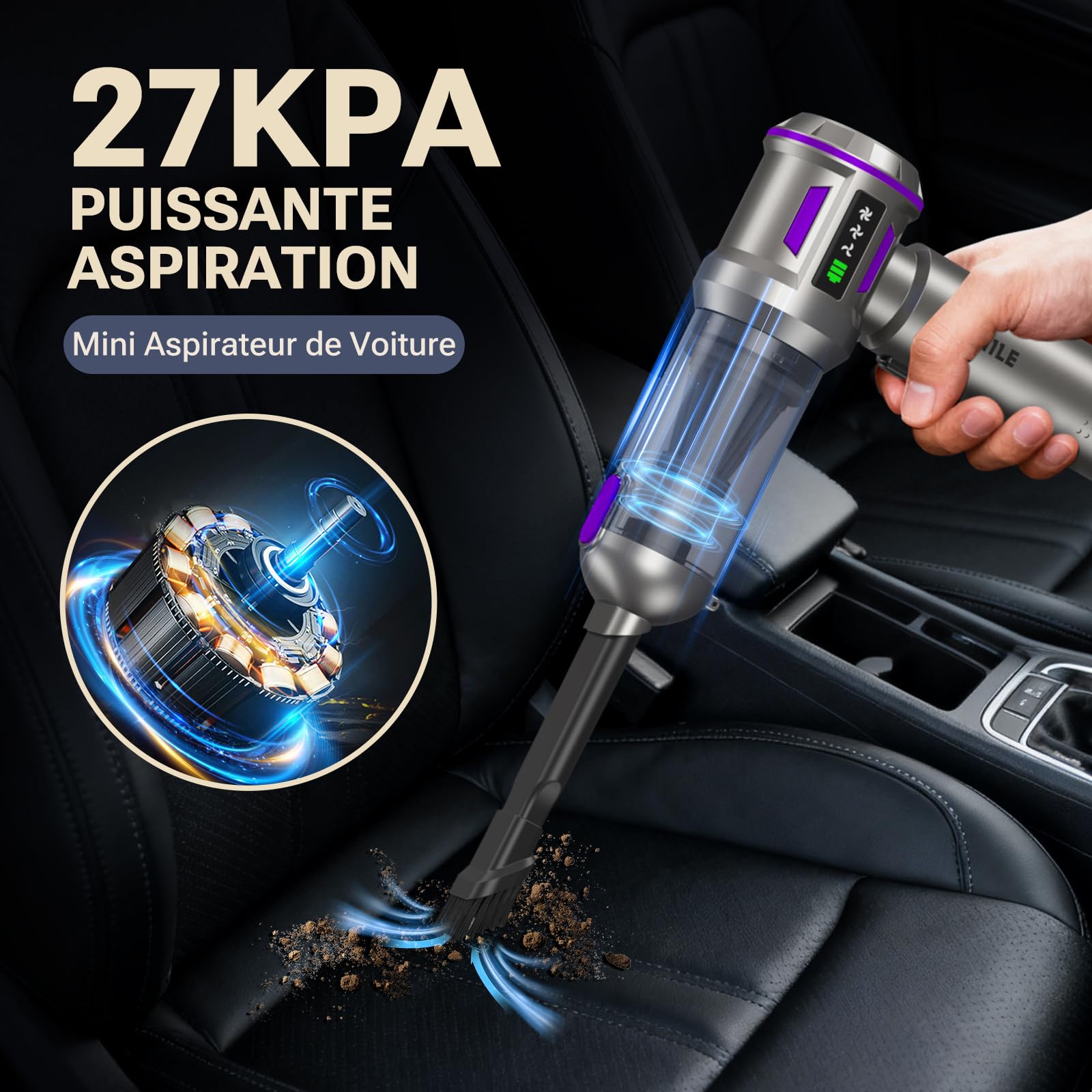 Aspirateur à Main, 27000Pa/135W Mini Aspirateur sans Fil & 250.000 tr/min Aspirateur de Voiture à 3 Vitesses avec Moteur sans Brosse, Aspirateur Voiture Sans Fil Pour Bureau,Maison, Cuisine,Poils