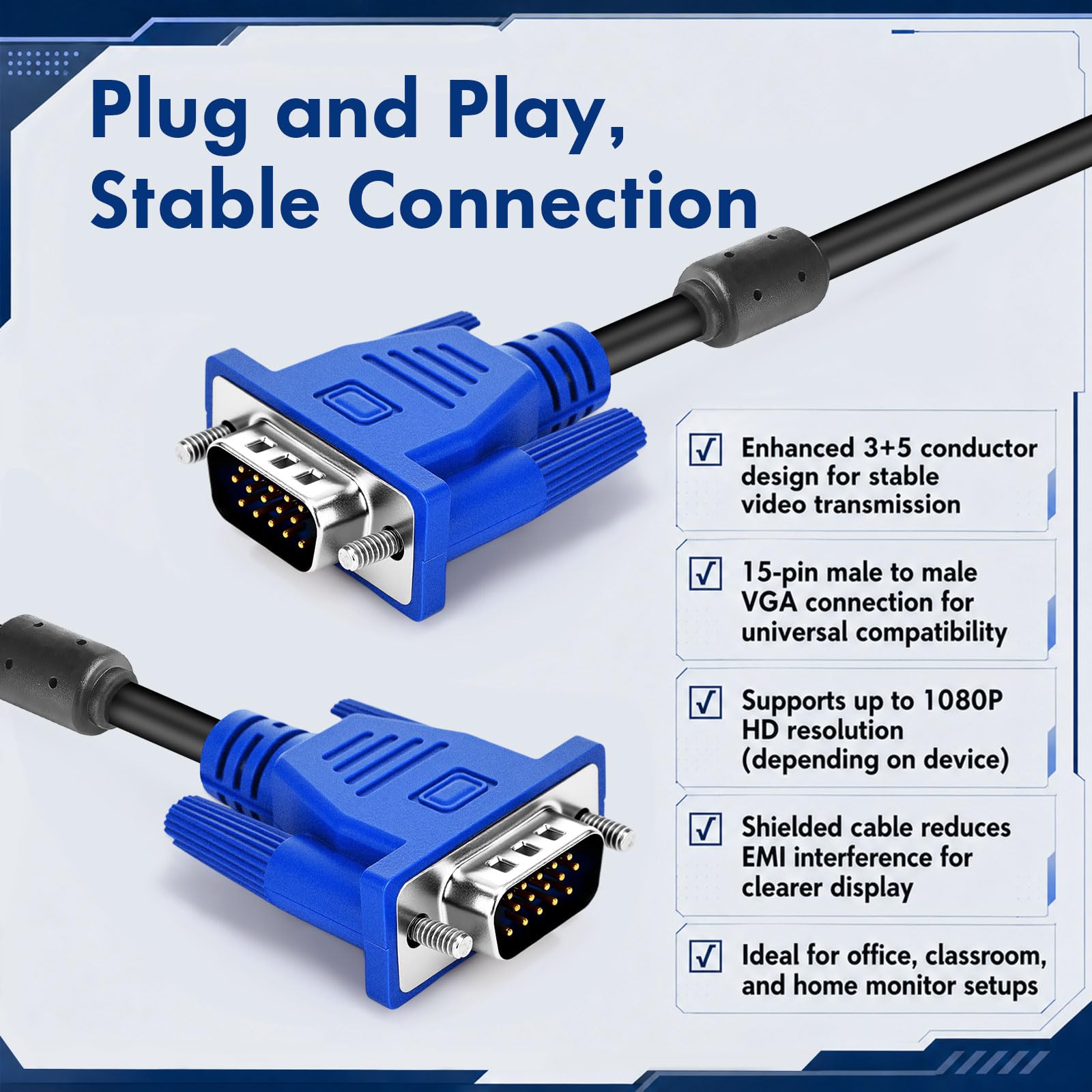 Sabary Confezione da 20 cavi VGA da 1,5 m HD15 maschio a maschio, ad alta velocità, 1080p FHD 60 Hz, adattatore video ad alta risoluzione per monitor, TV, PC, proiettore, console di gioco, confezione
