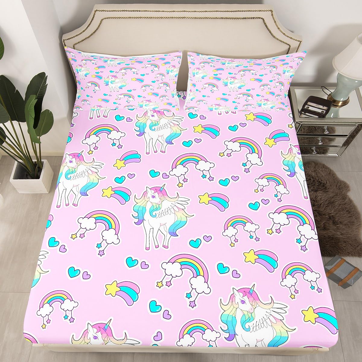 Set di lenzuola per letto singolo con motivo arcobaleno e farfalle, con tasca profonda, lenzuolo con angoli, per bambini, ragazzi e ragazze, set di biancheria da letto in microfibra