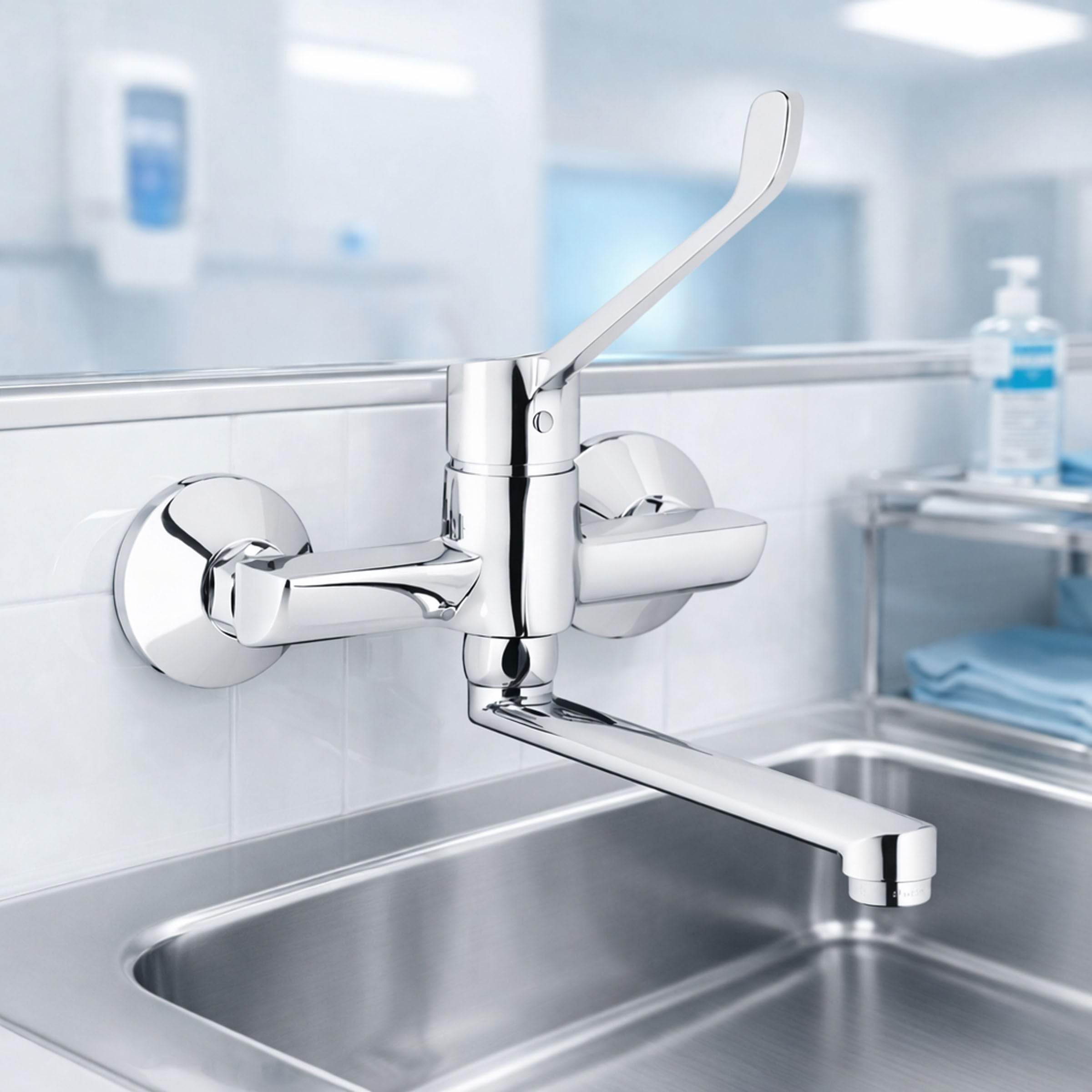 Medizinische Hygienearmatur Wandarmatur Küche, Wasserhahn mit Langem Hebel und Langem Auslauf 20cm / Schwenkbar und ideal für Klinik, Arztpraxis und Labor